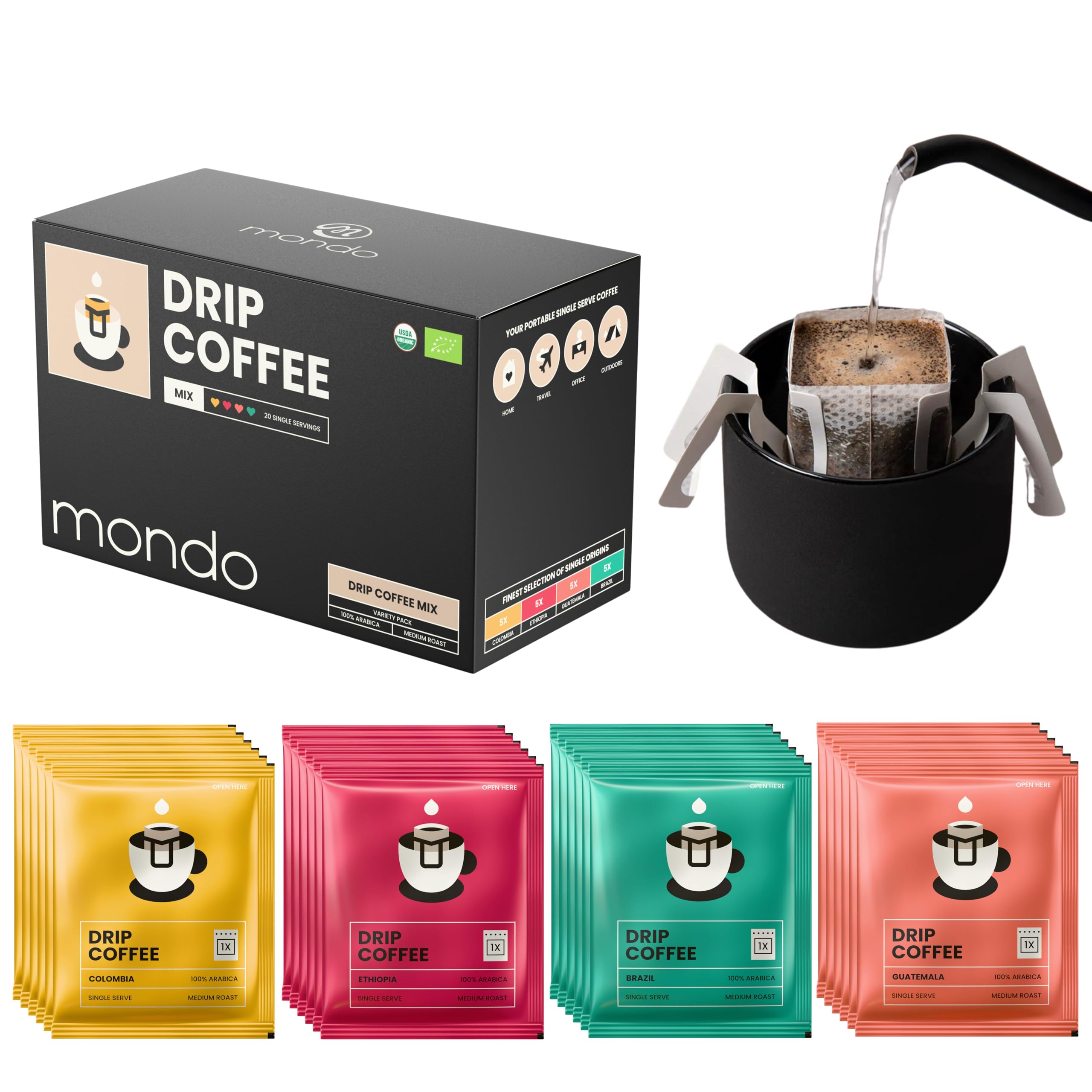 Mondo Drip Coffee Mix (20 Pack) USDA Organic - Variety Pack, Single Serve, Pour Over Pouch Bags, Pre-Filled 100% Arabica, Medium Roast