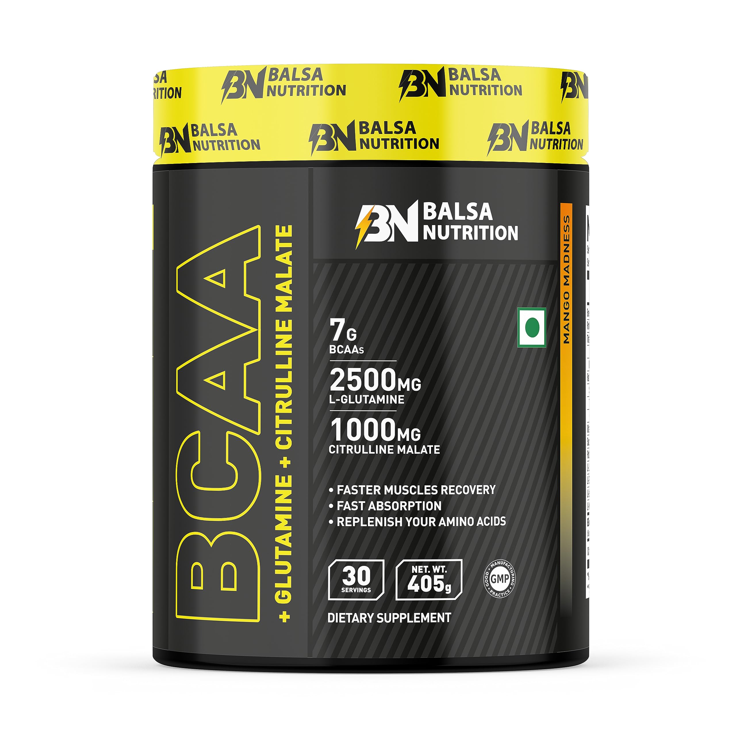 Balsa NutritionBCAA With Glutamine + Citrulline Malate Powder- 405g, 30 Serving (Mango Madness) | Amino Acid For Muscle Recovery & Endurance, Boost Energy & Immune | Non- GMO