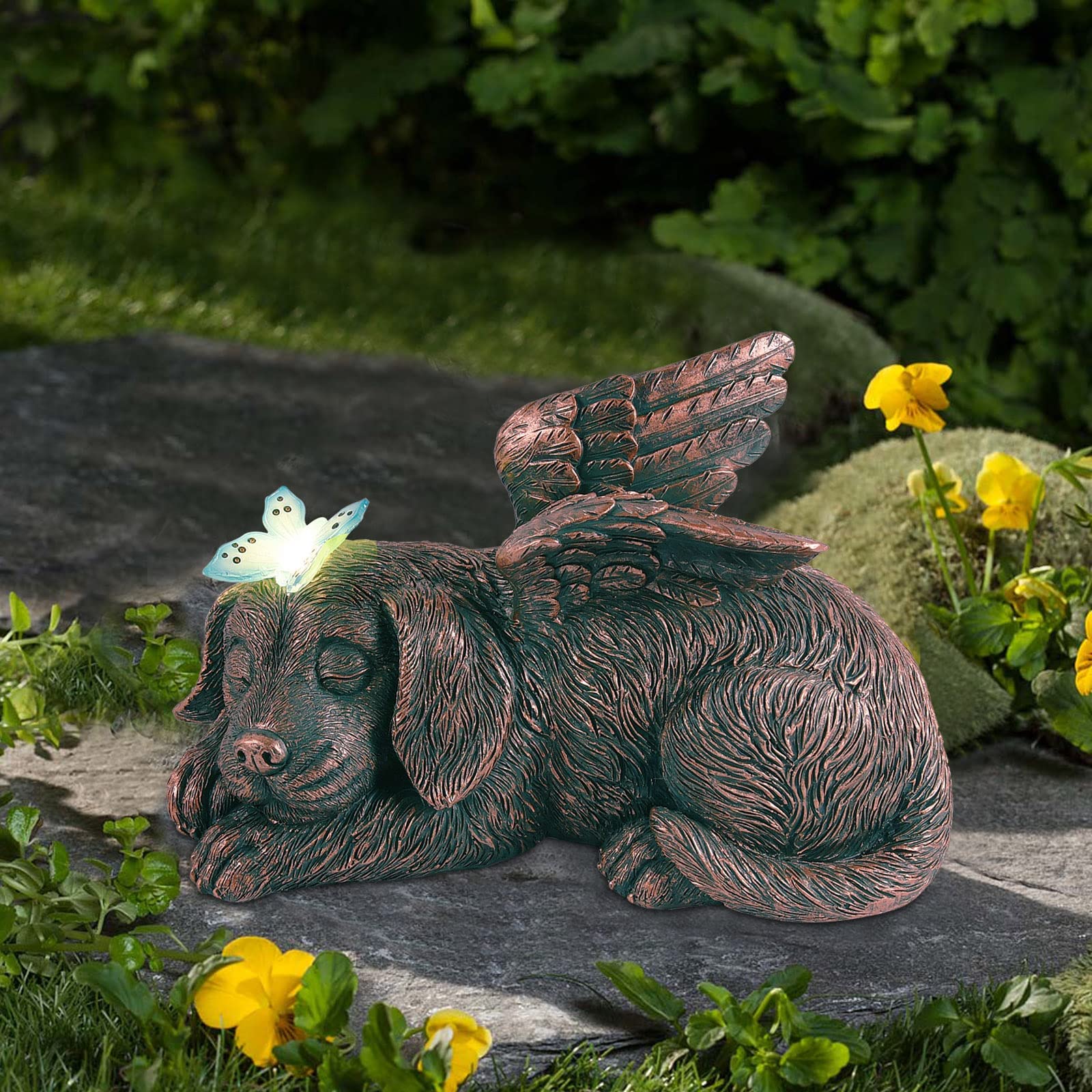 Goodeco Dog Angel with Glowing Butterfly Memorial Pet Statue Garden Decor,Sleeping Puppy Solar Light Ornament Pet Grave Marker Tribute Statue Memorial Ornament Gifts for Home,Patio,Yard Decor, Copper