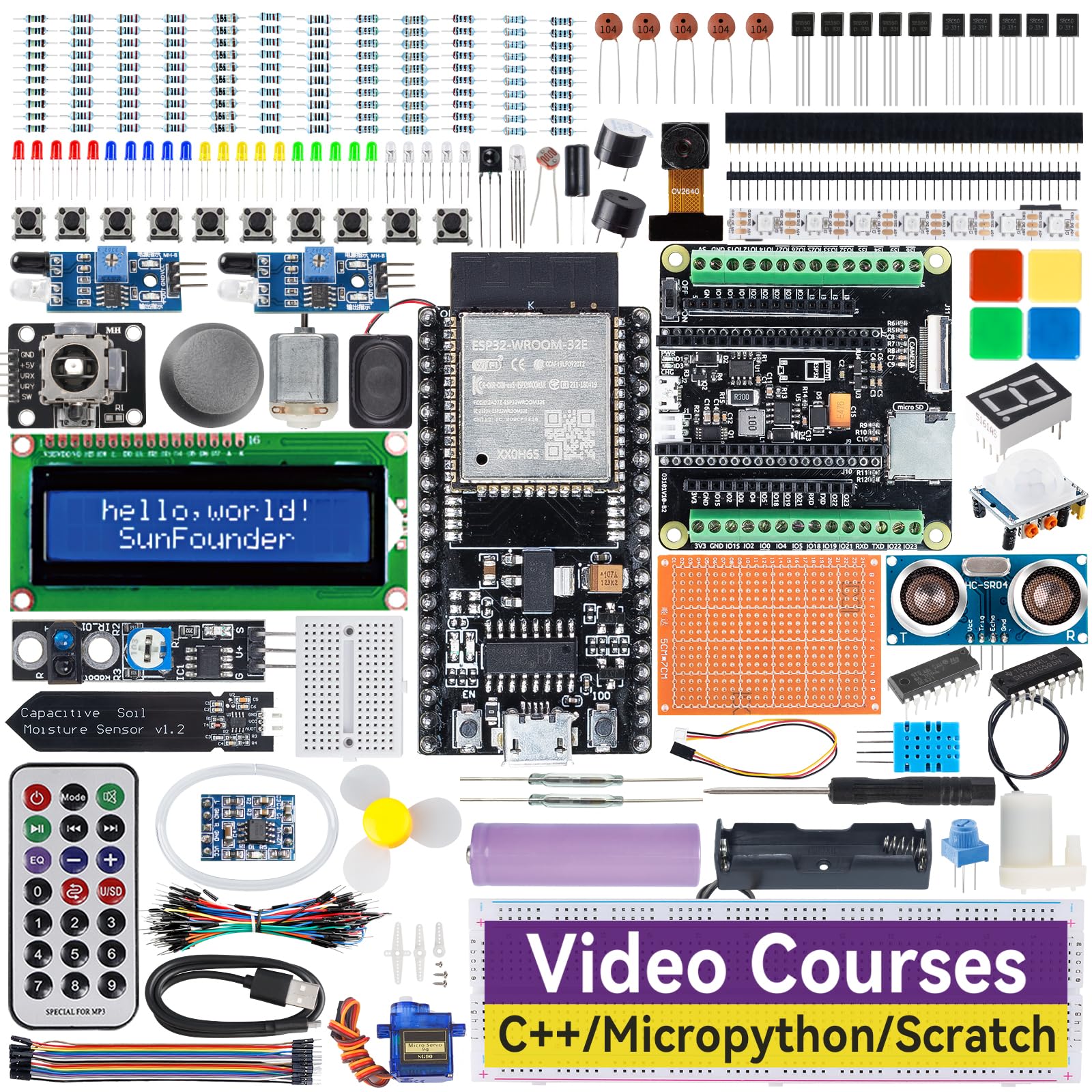 SunFounderESP32 Ultimate Starter Kit (Compatible with Arduino) ESP32CAM, RoHS Compliant, Python C Scratch, Video Courses, IoT for Beginners Engineers, ESP32-WROOM-32E Board & Battery Included