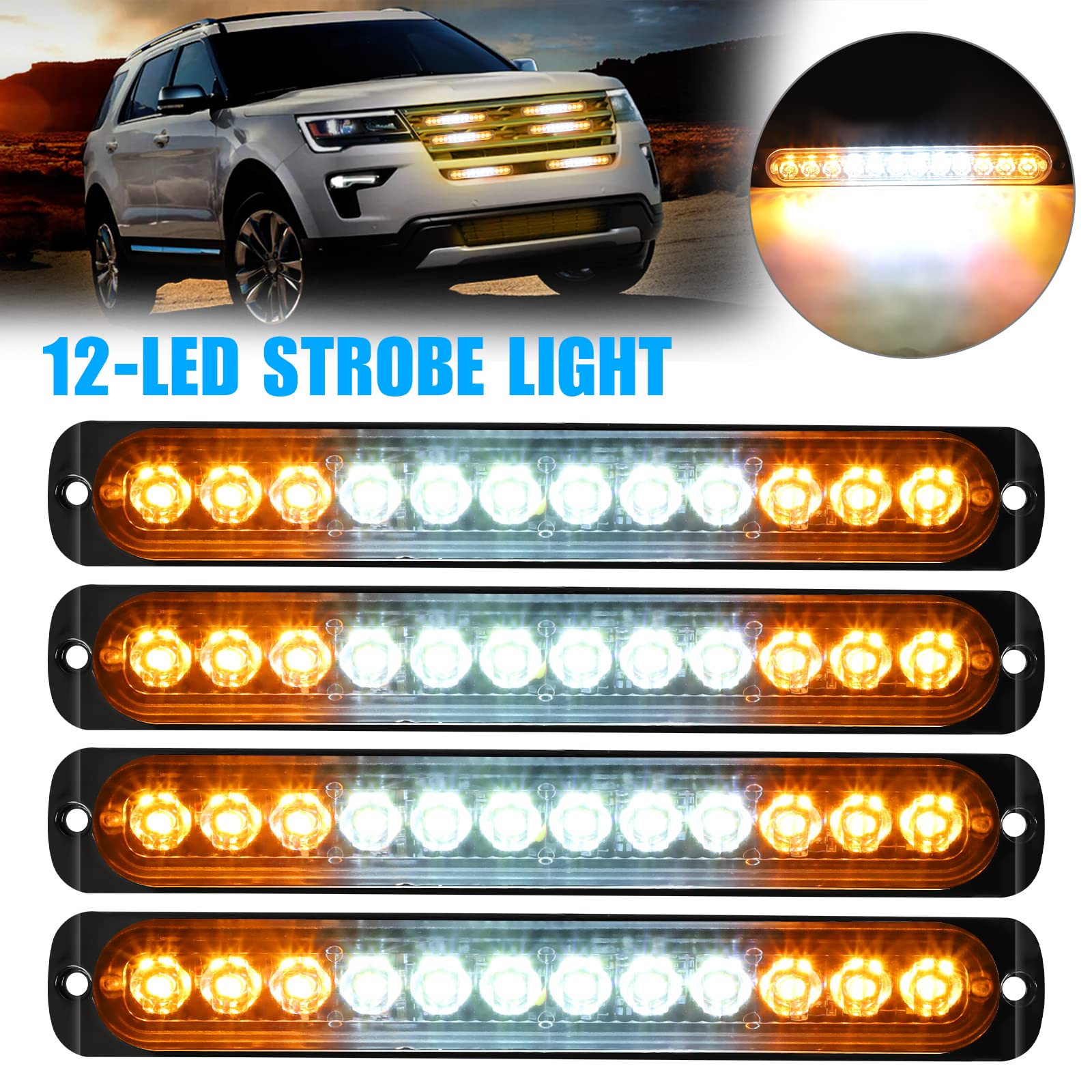 EEEKit 4PCS LED Emergency Strobe Lights, Surface Mount Amber White 12 LED Strobe Warning Emergency Flashing Light Caution Construction Hazard Light Bar for Car Trucks Vehicle Off Road ATV Van SUV