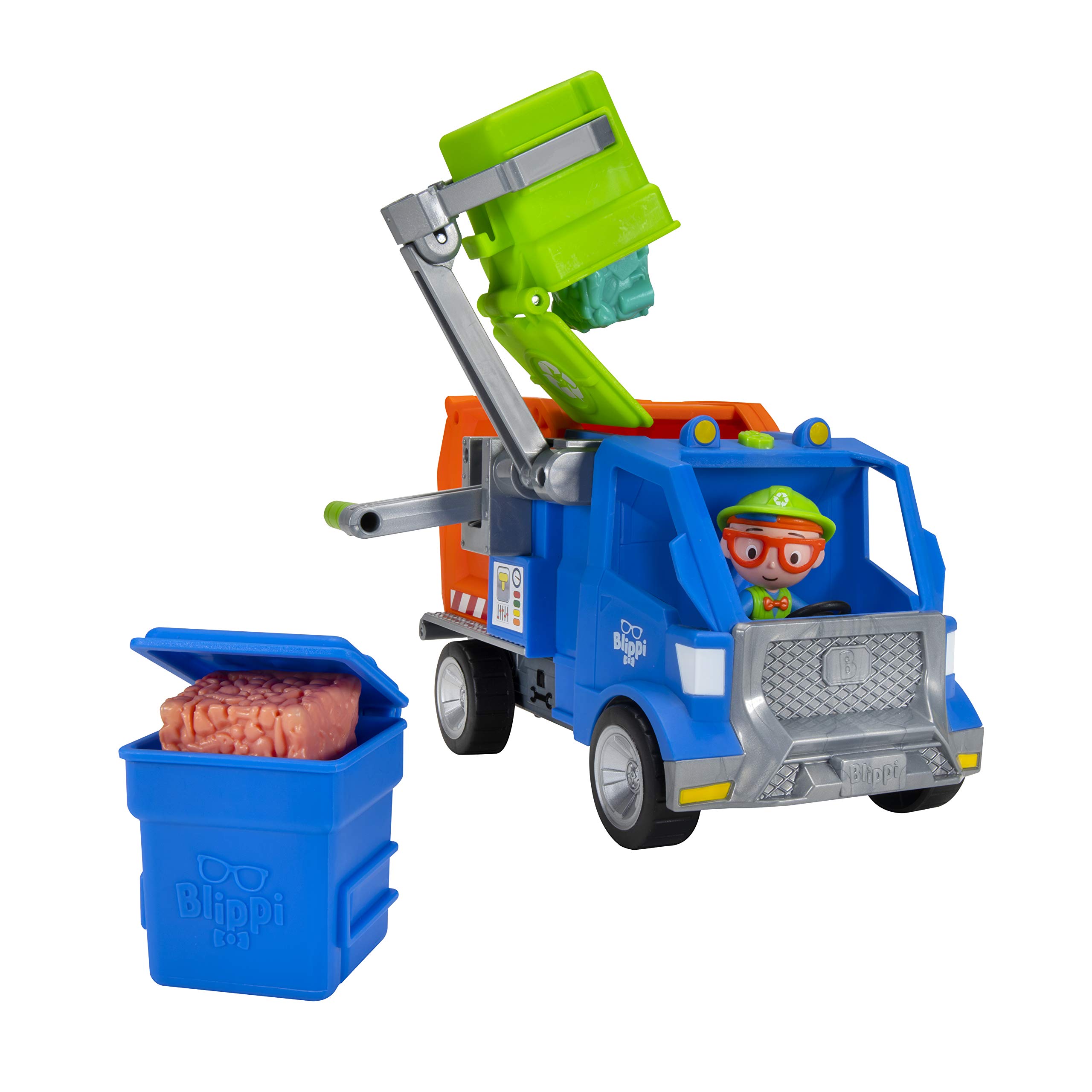 Blippi Recycling Truck - Includes Character Figure, Working Lever, 2 Trash Cubes, 2 Recycling Bins - Sing Along with Popular Catchphrases - Educational Toys for Kids - Amazon Exclusive