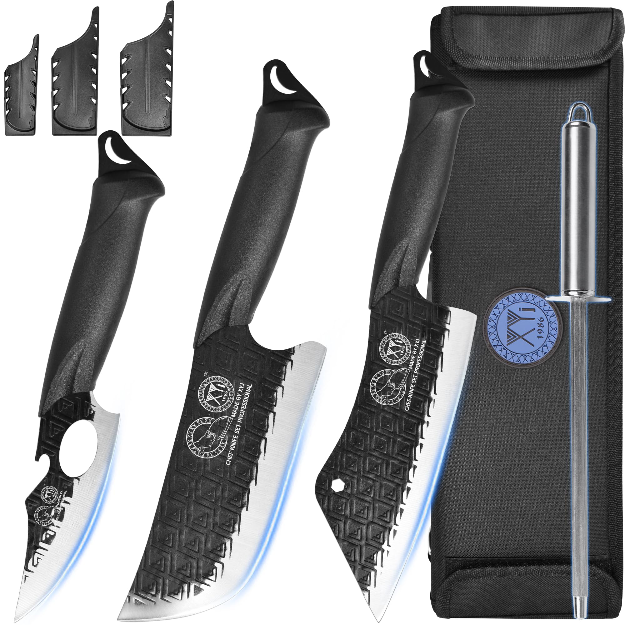 XYJ Kitchen Knife Set, High Carbon Steel Cleaver Cooking Knife for Meat and Vegetables, Handmade Forged Professional Chef Knives, with Bag, Honing Steel, Ideal for BBQ, Camping