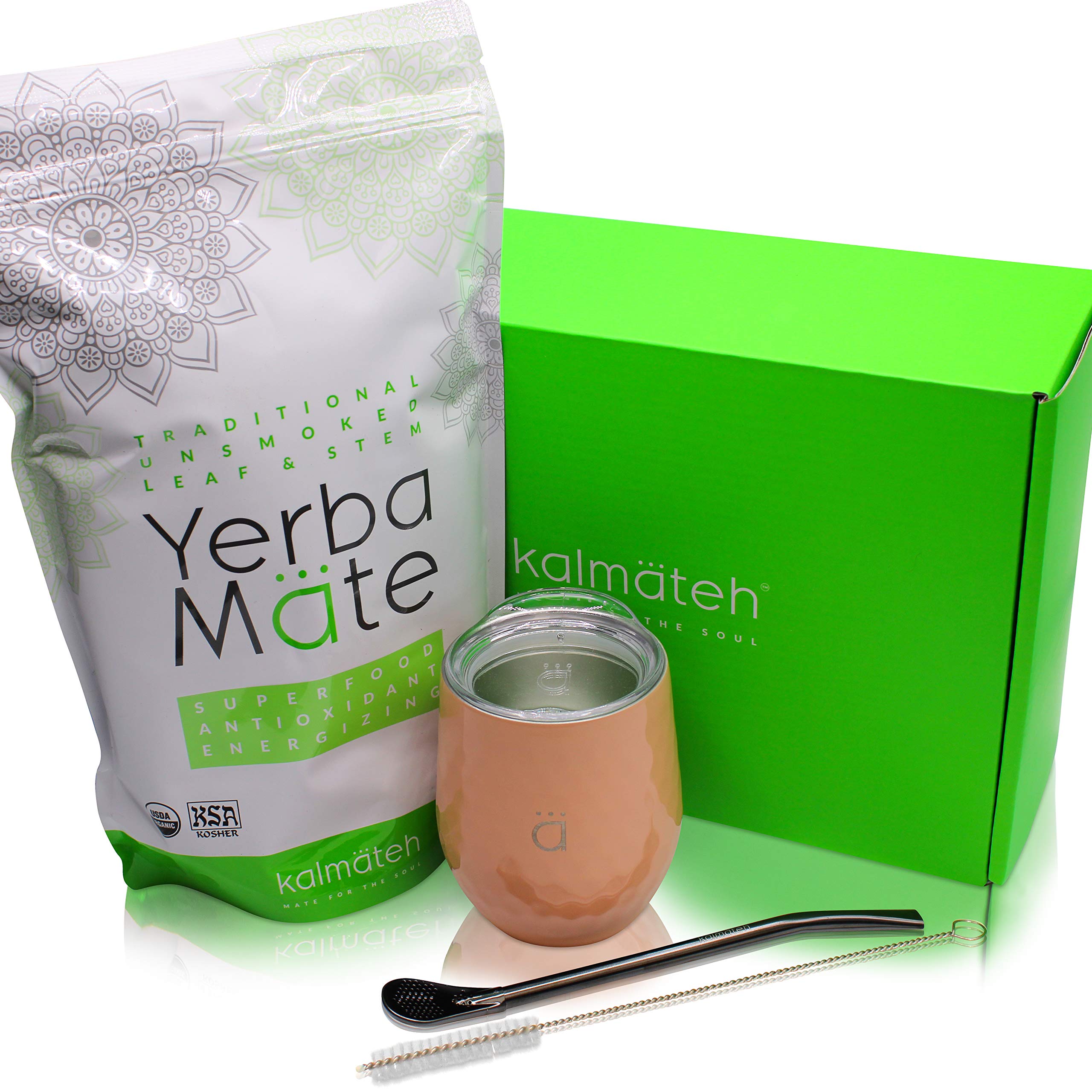 Kalmateh Yerba Mate Starter Set– Modern 8 oz Double Walled Stainless Steel Mate Cup with BPA Free Lid, Bombilla/Bombilla Cleaner & Organic Unsmoked Yerba Mate (1lb) (Peach)