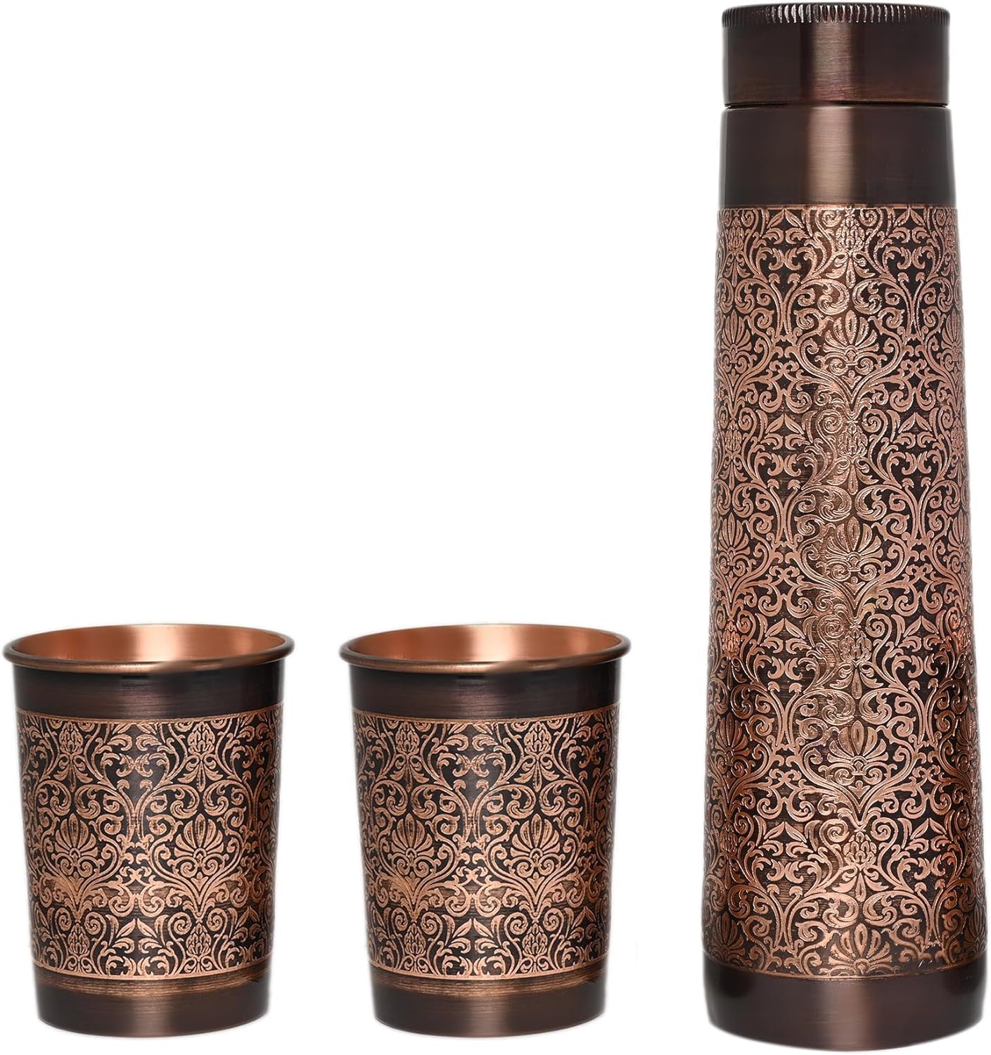 Copper Water Bottle with 2 Tumblers Set, Floral Pattern Light House Shape for Ayurveda Health Benefits