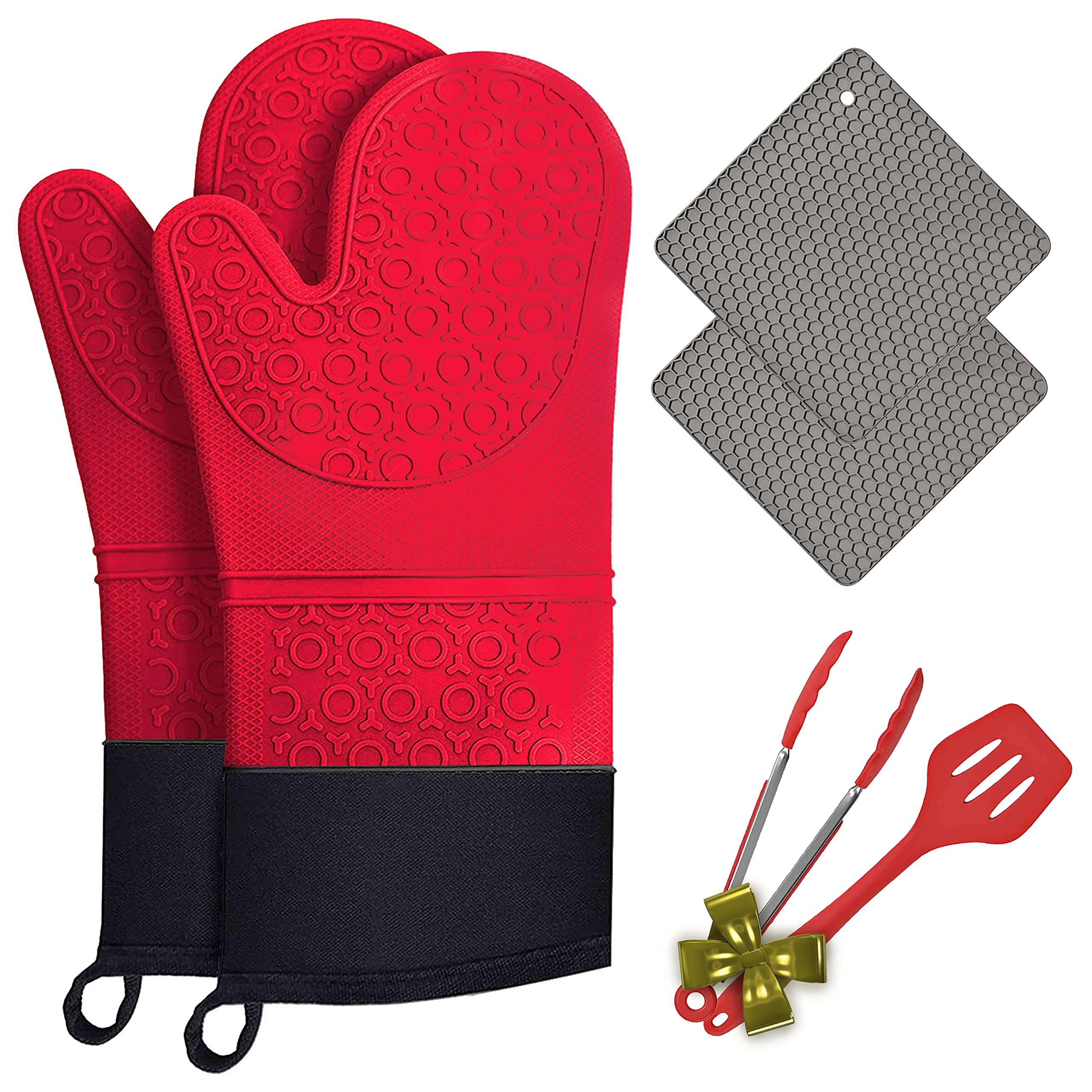 Silicone Oven Mitts and Potholders | Heat Resistant Non-Slip Textured Cooking Gloves | Silicone Trivet Mats for Safe Oven BBQ Kitchen Counter Hot Dishes or Pans