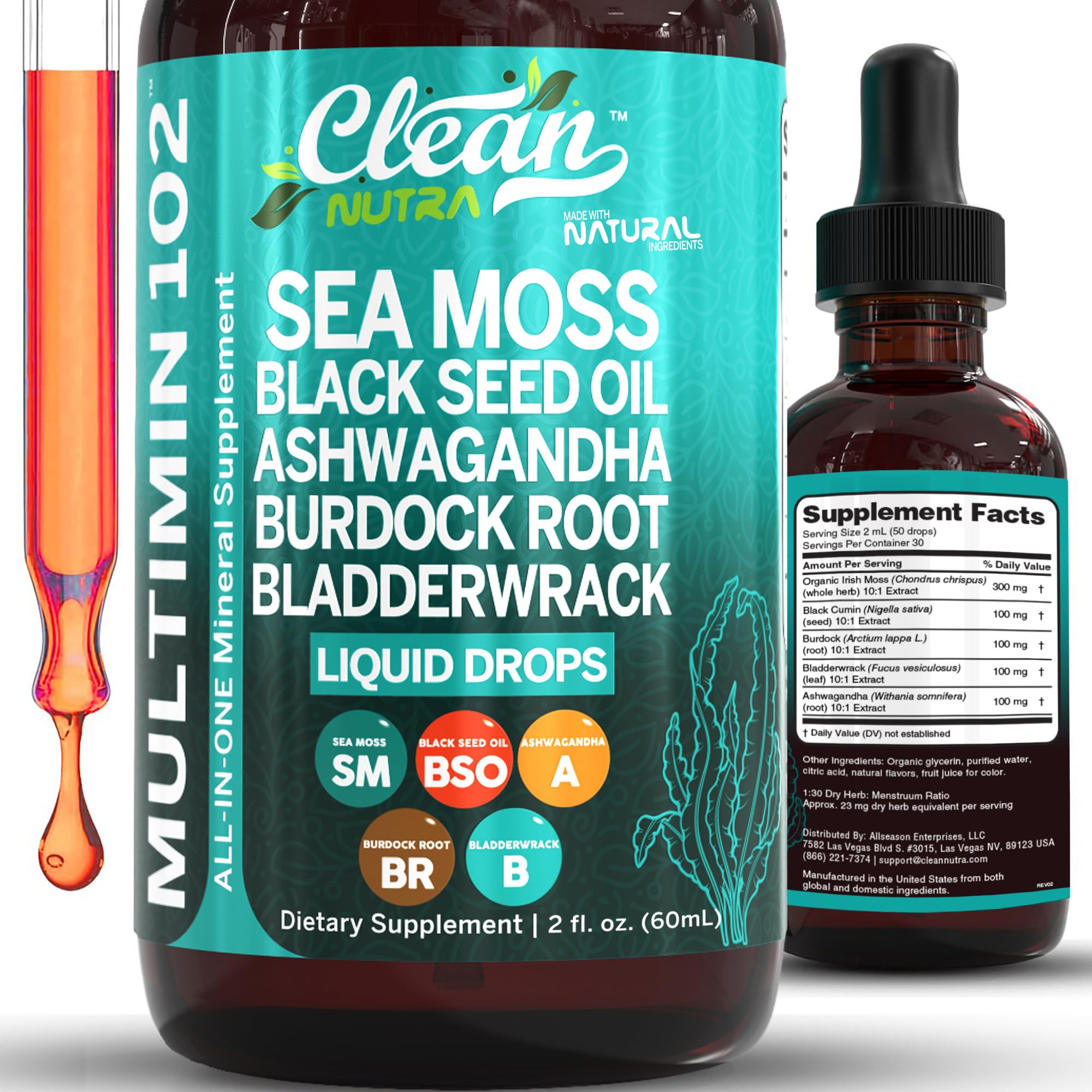 Clean Nutraceuticals Sea Moss Liquid Drops Supplement with Black Seed Oil Ashwagandha Burdock Root & Bladderwrack - Multimineral Organic Non-GMO Vegan for Gut Heath Skin Immune Support Hair