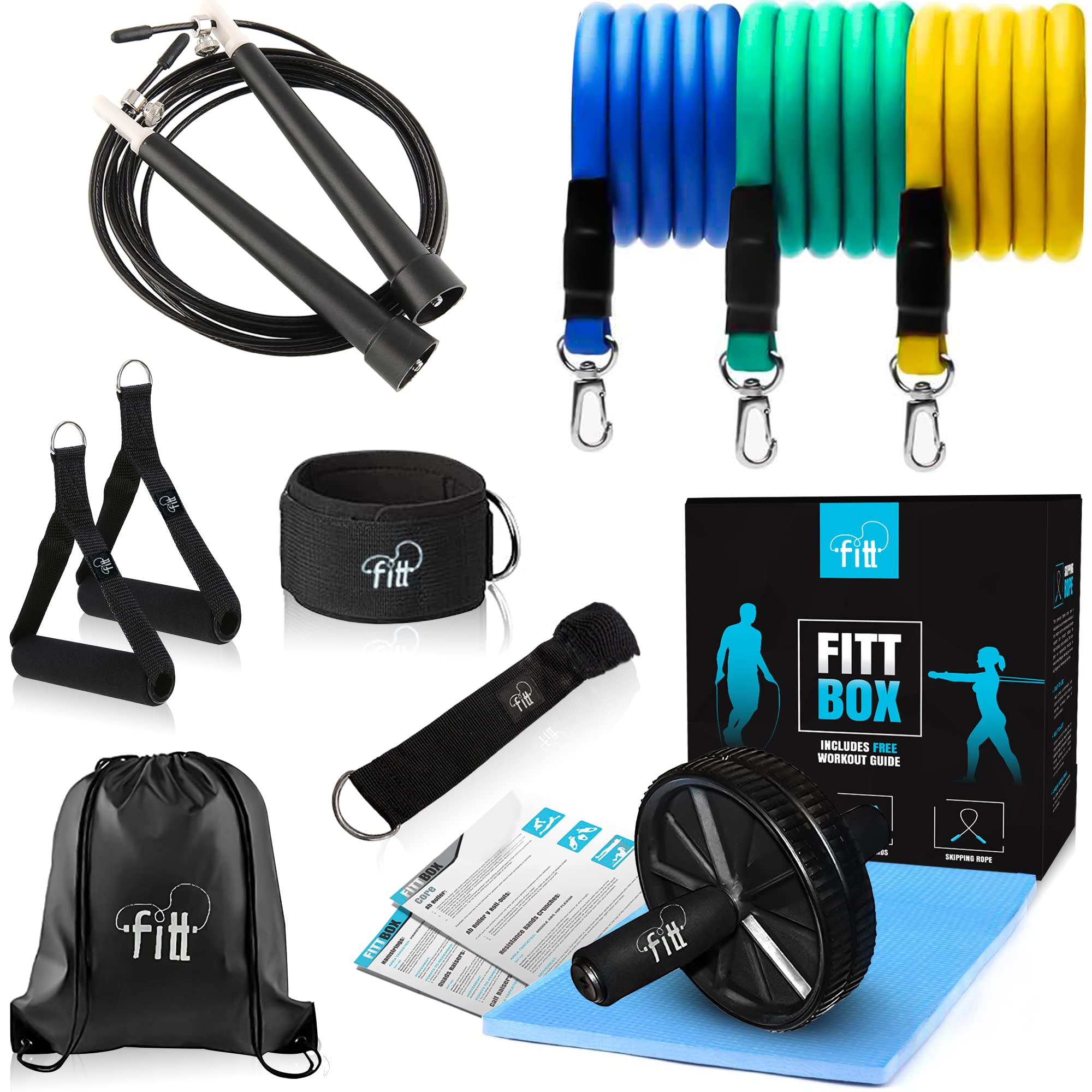 Fittbox Multipurpose Premium x3 Resistance Bands, Ab Wheel Roller (with Knee Pad Mat), Speed Skipping Rope- Includes FREE Expert and tailored Workout Guide- Men and Women- Home Gym Fitness Workouts