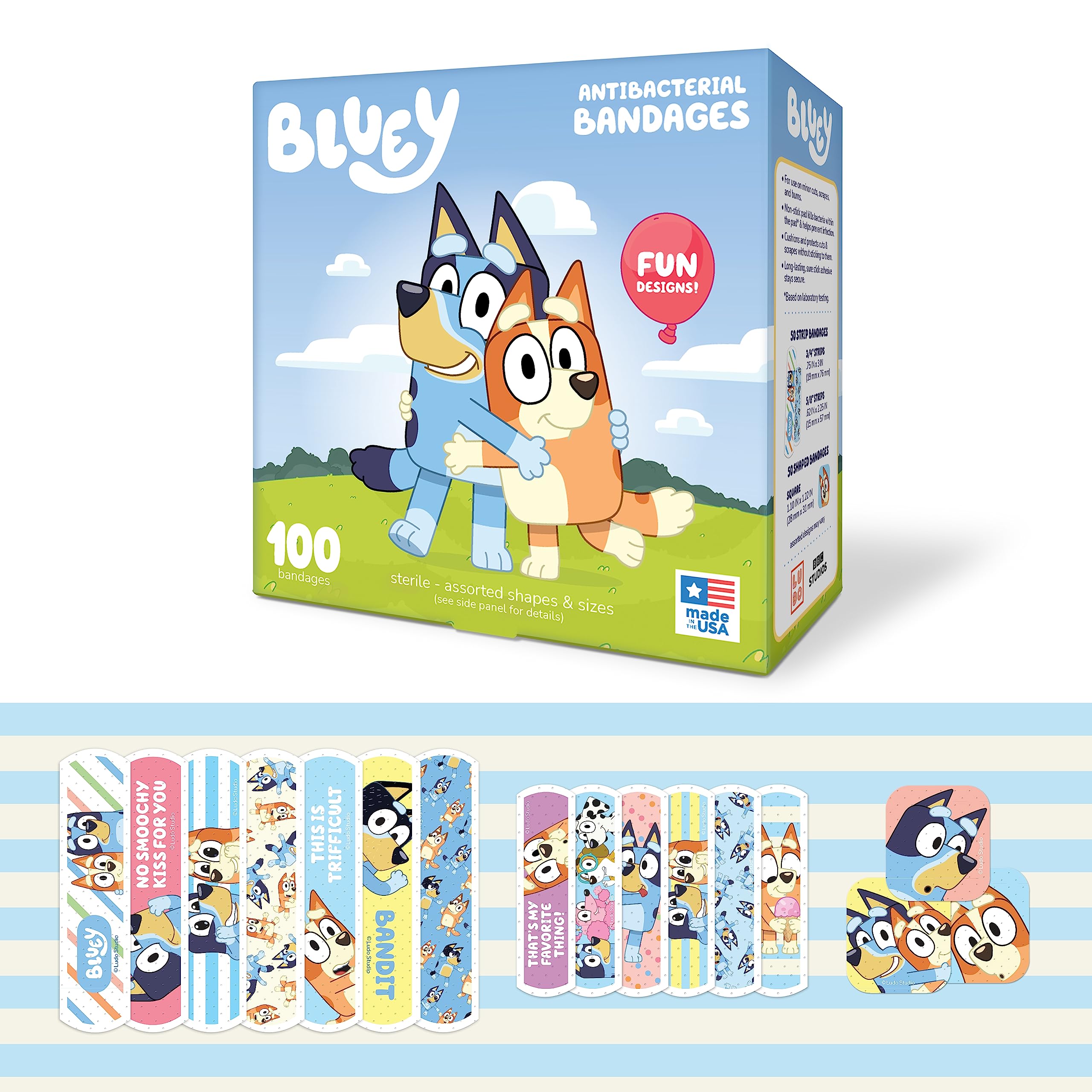 Bluey Kids Bandages, 3 Assorted Sizes 100 CT | Wear Like Stickers, Flexible Adhesive Bandages for Minor Cuts, Scrapes, and Burns. Great Gift idea and Stocking Stuffer