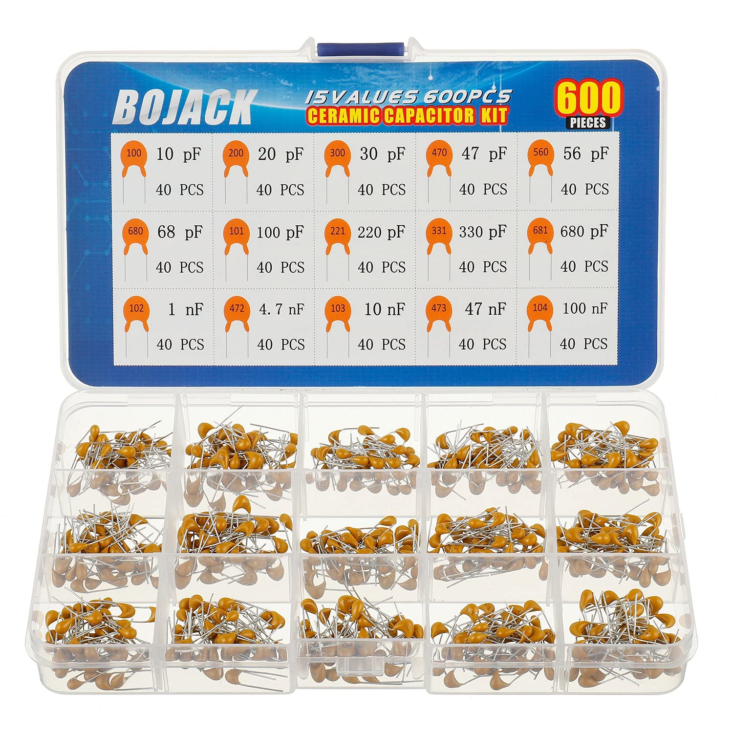 BOJACK 15 Values 600Pcs Ceramic Capacitor Assortment Kit Capacitors from 10pf to 100nF in a Box