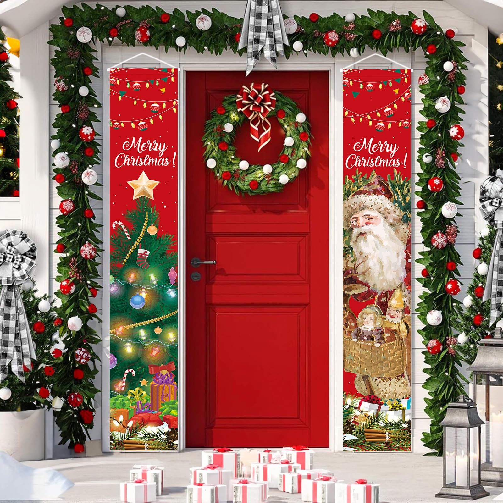 Christmas Porch Sign, Christmas Decorations Door Banner Red with Santa Claus, Christmas Banners Front Porch Hanging Couplet Porch Signs for New Year Party Supplies Home Outdoor Indoor Wall Front