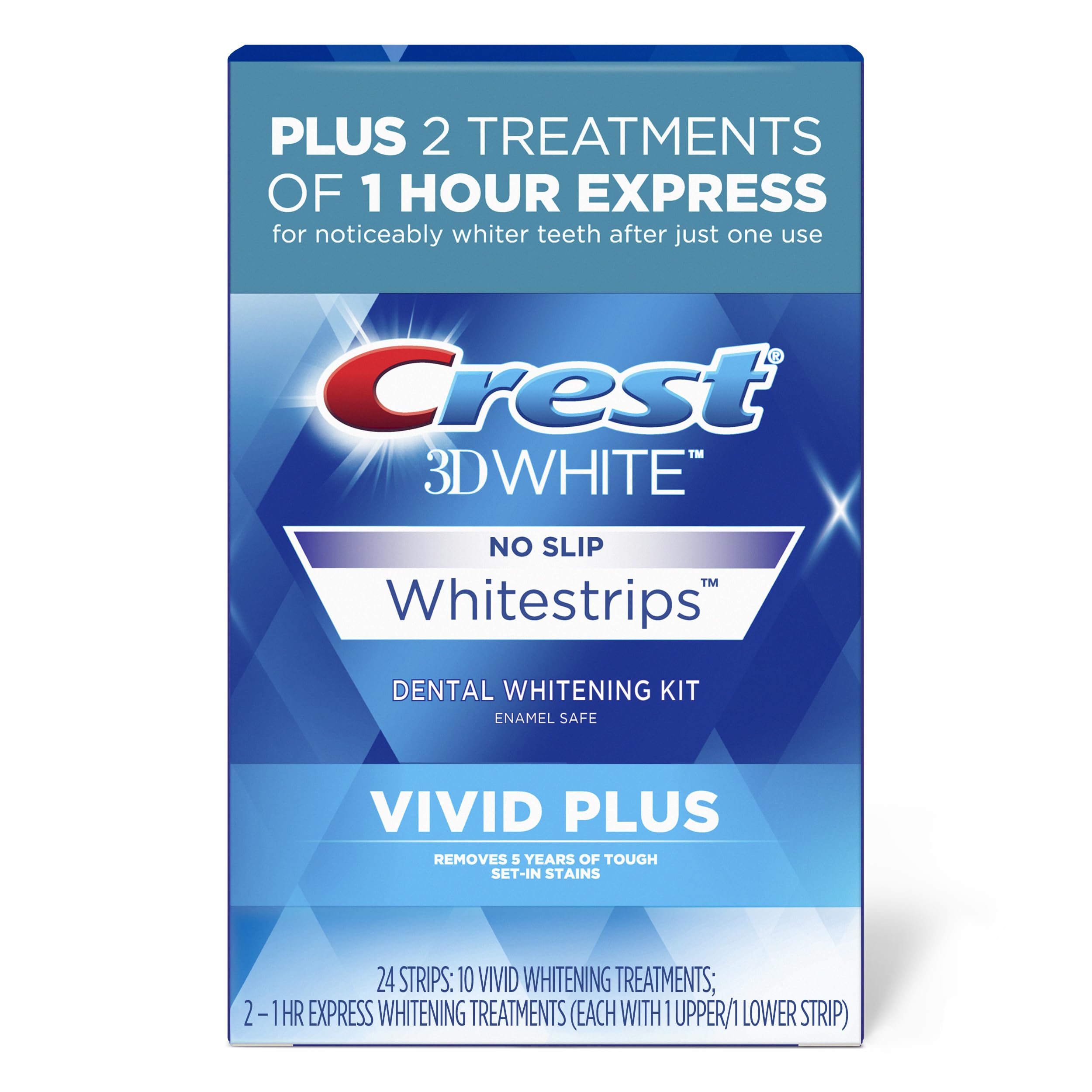 Crest 3DWhitestrips Vivid Plus Whitestrips 3D White, 10 Treatments + 1 Hour Express 2 Treatments Teeth Whitening Kit, 8 Levels Whiter, Crest Teeth Whitening Strips