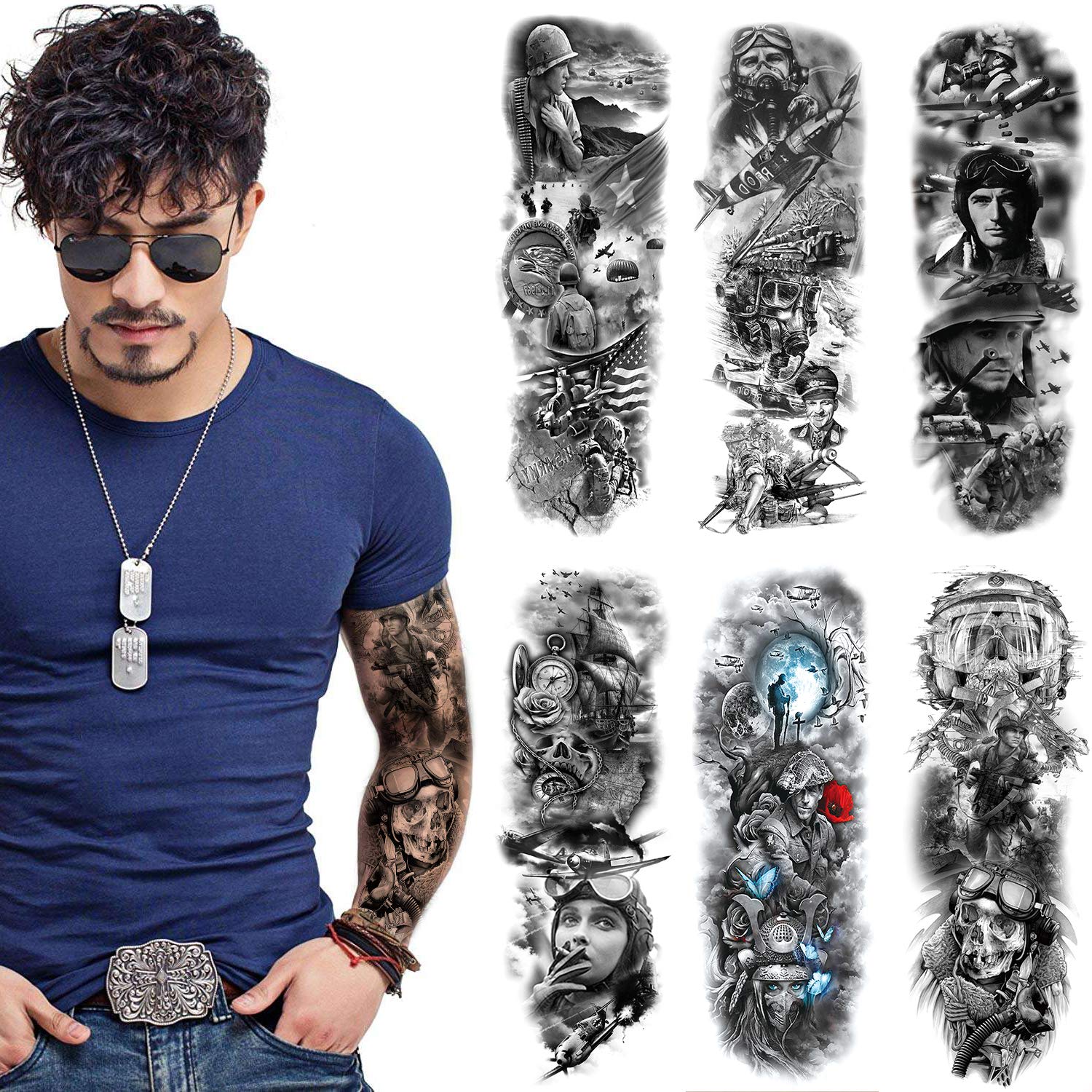 Militray Tattoo Sleeve Black Fake War Tattoo Full sleeve Temporary Tattoo Stickers Body Art for Man Women, 6-Sheet