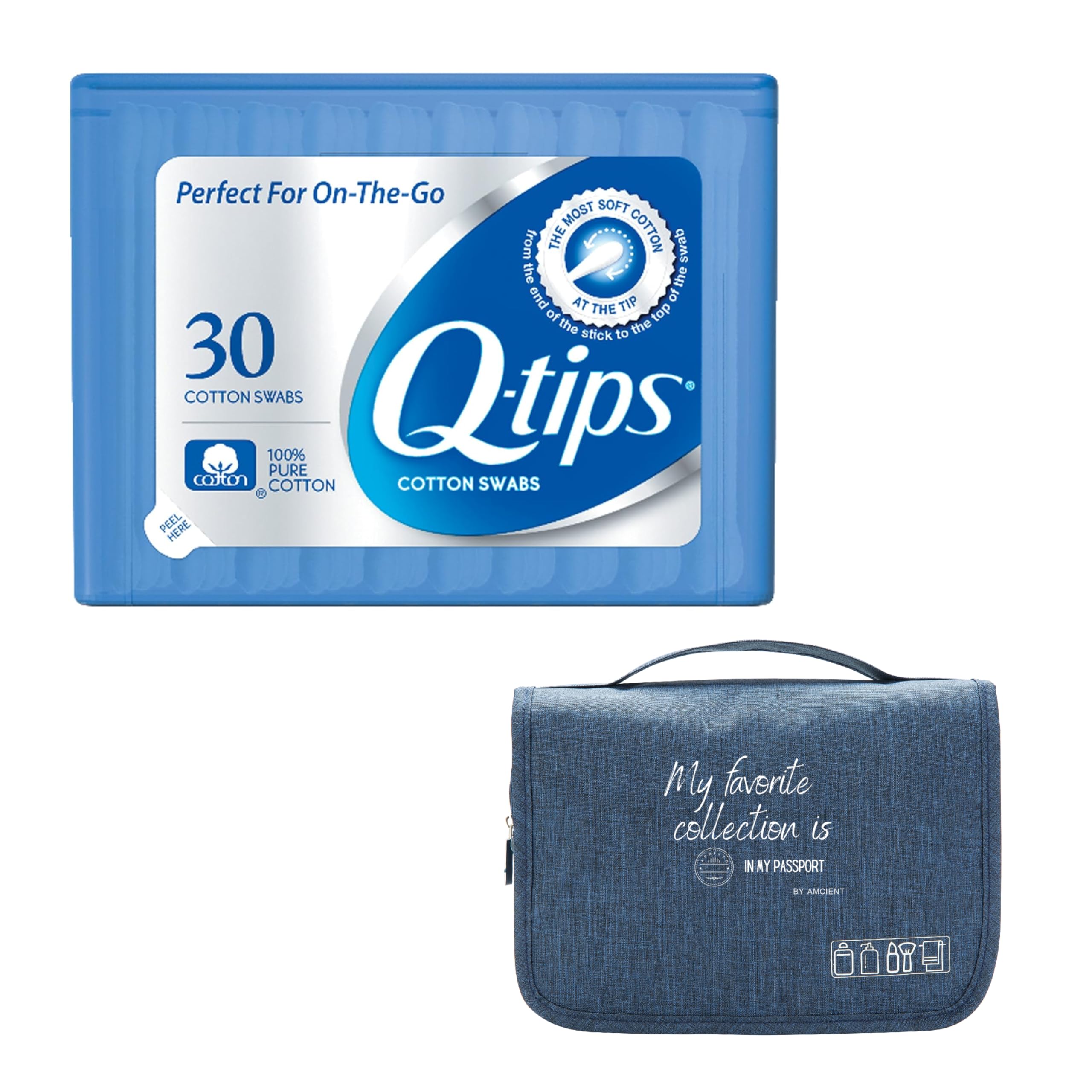 Qtips Travel Size Bundle With A Hanging Toiletry Bag By AMCIENT, White