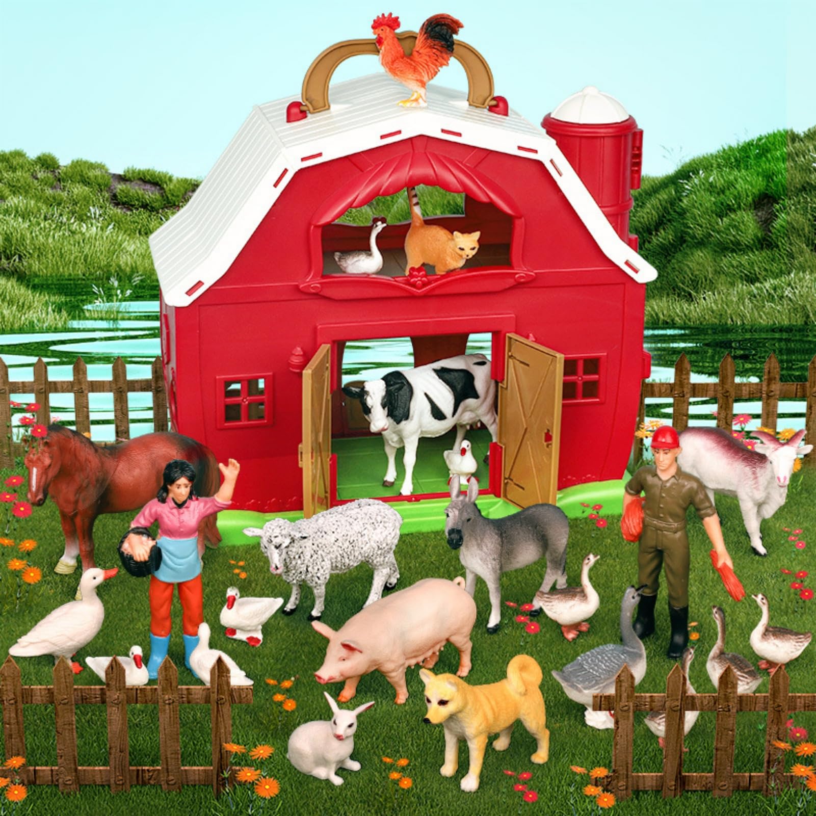 TOYBY Farm Animals with Red Barn,23 PCS Cute Farm Figurines Animals Toys for Kids,Pretend Farm Animals Play Set for Toddlers 1-3,Farmer's Barn with Carry Handle,Christmas Birthday Gift for Boys Girls