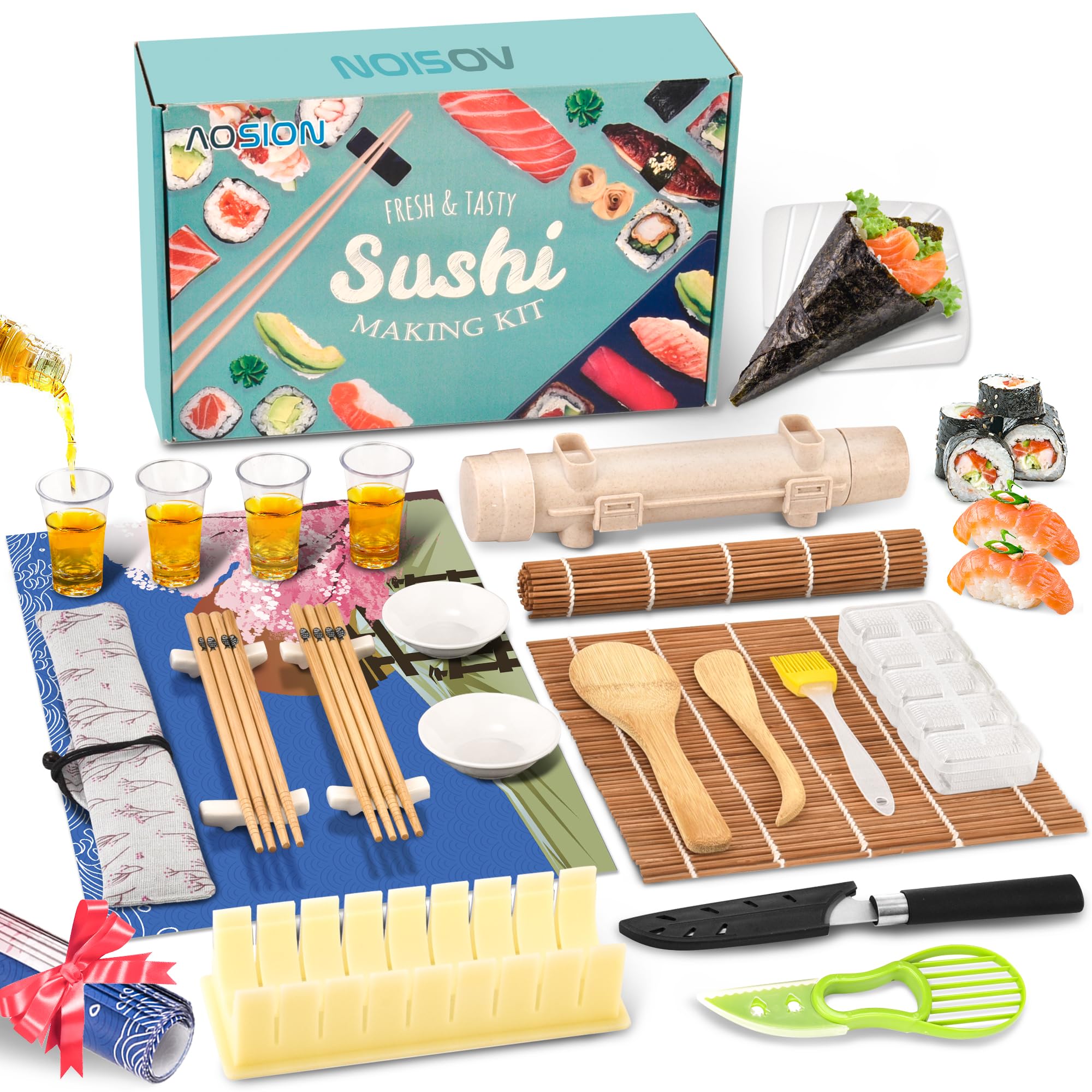 AOSION Sushi Making Kit- Premium Sushi Making Kit for Beginners/Kids/Pros Sushi Makers,DIY Sushi Maker Kit with Sake Cups& Placemats,Bamboo Rollers,Sushi Bazooka,Nigiri & Hand Roll Mold, Knife& More