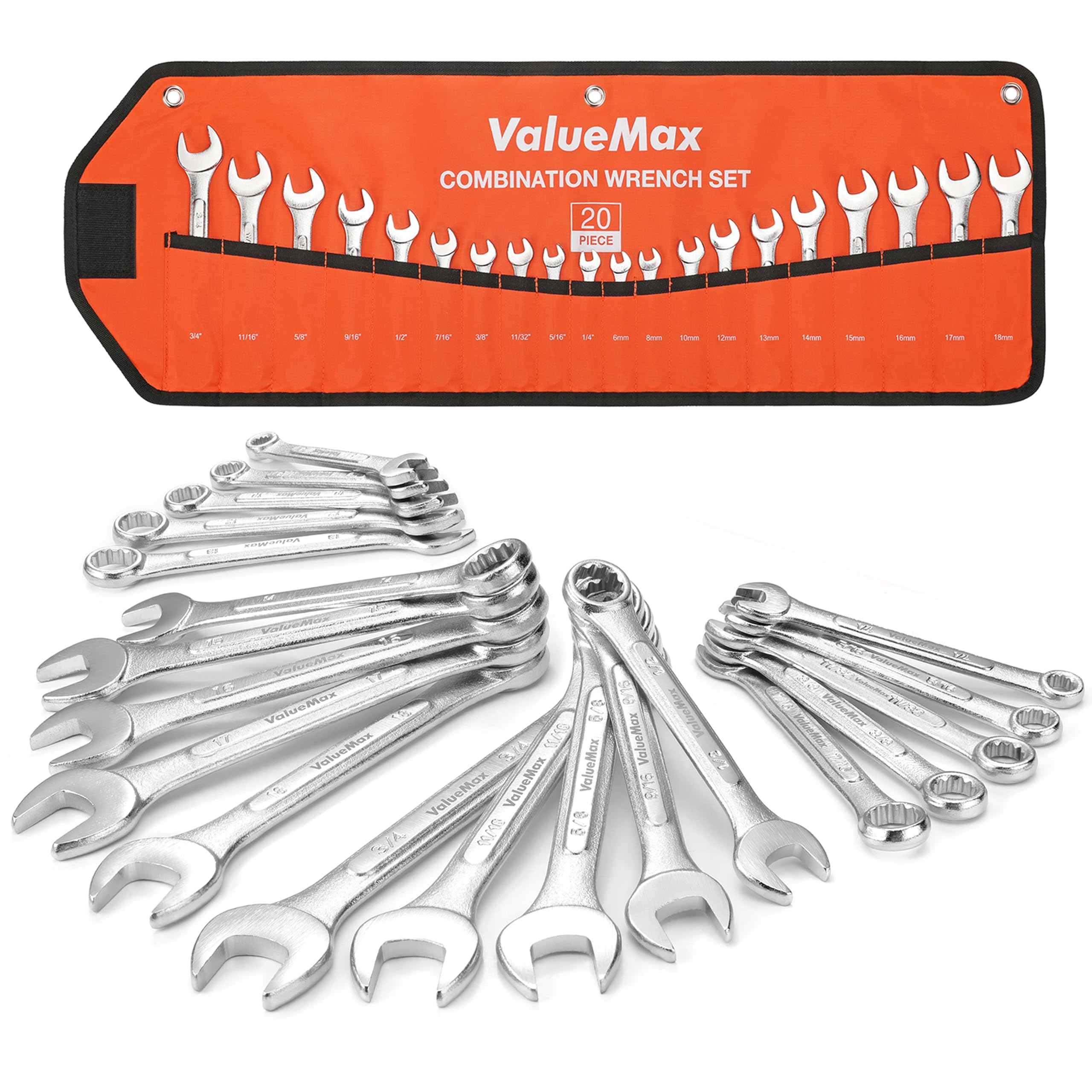 ValueMaxMechanics Wrench Set Metric and Standard, 20PCS Complete Combination Wrenches Roll Set. SAE 1/4" to 3/4", Metric 6mm to 18mm, Full Wrench Set with Roll up Pouch