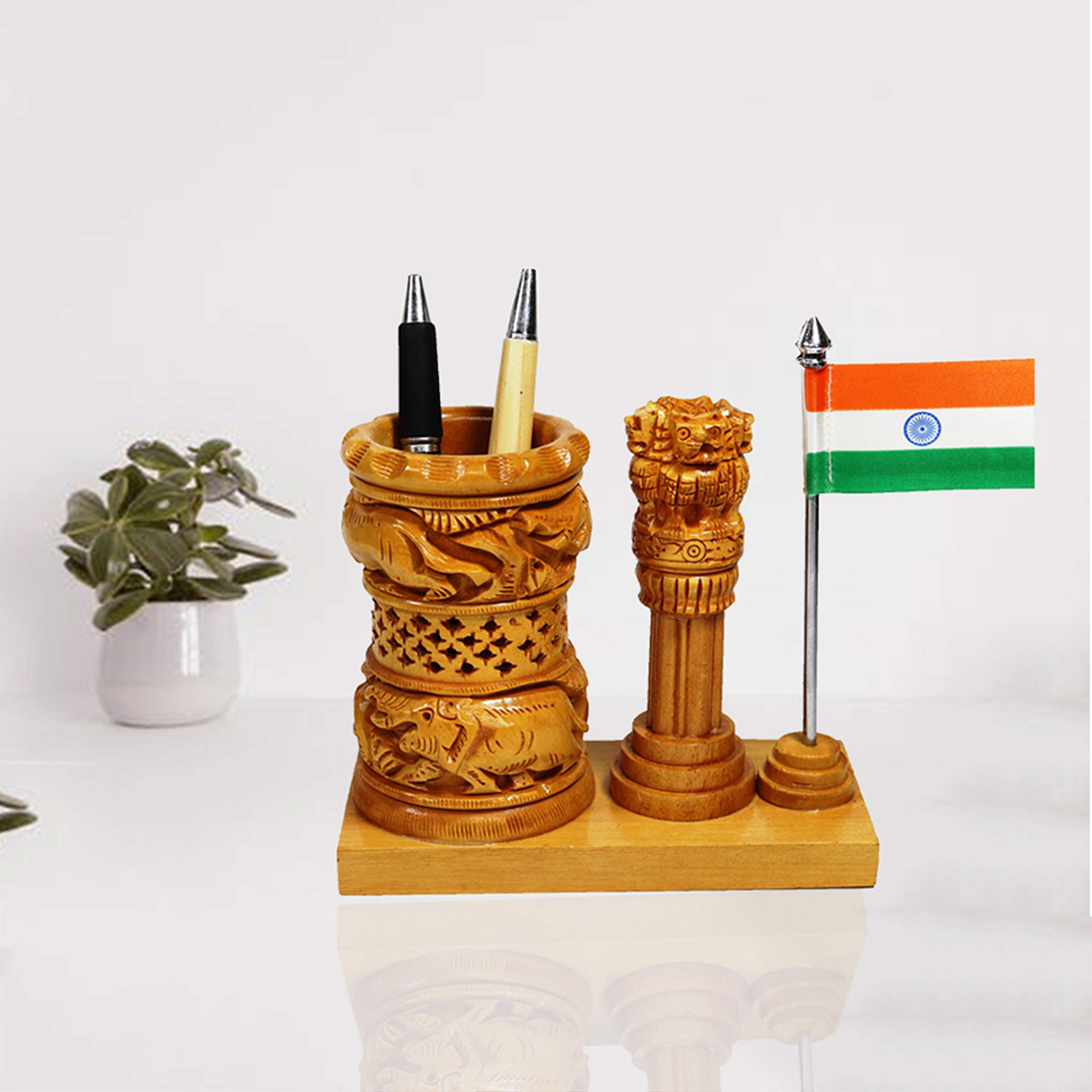 CRAFTAM Wooden Pen Stand Ashok Stambh & Flag for Child Desk, Office Use and Gifts