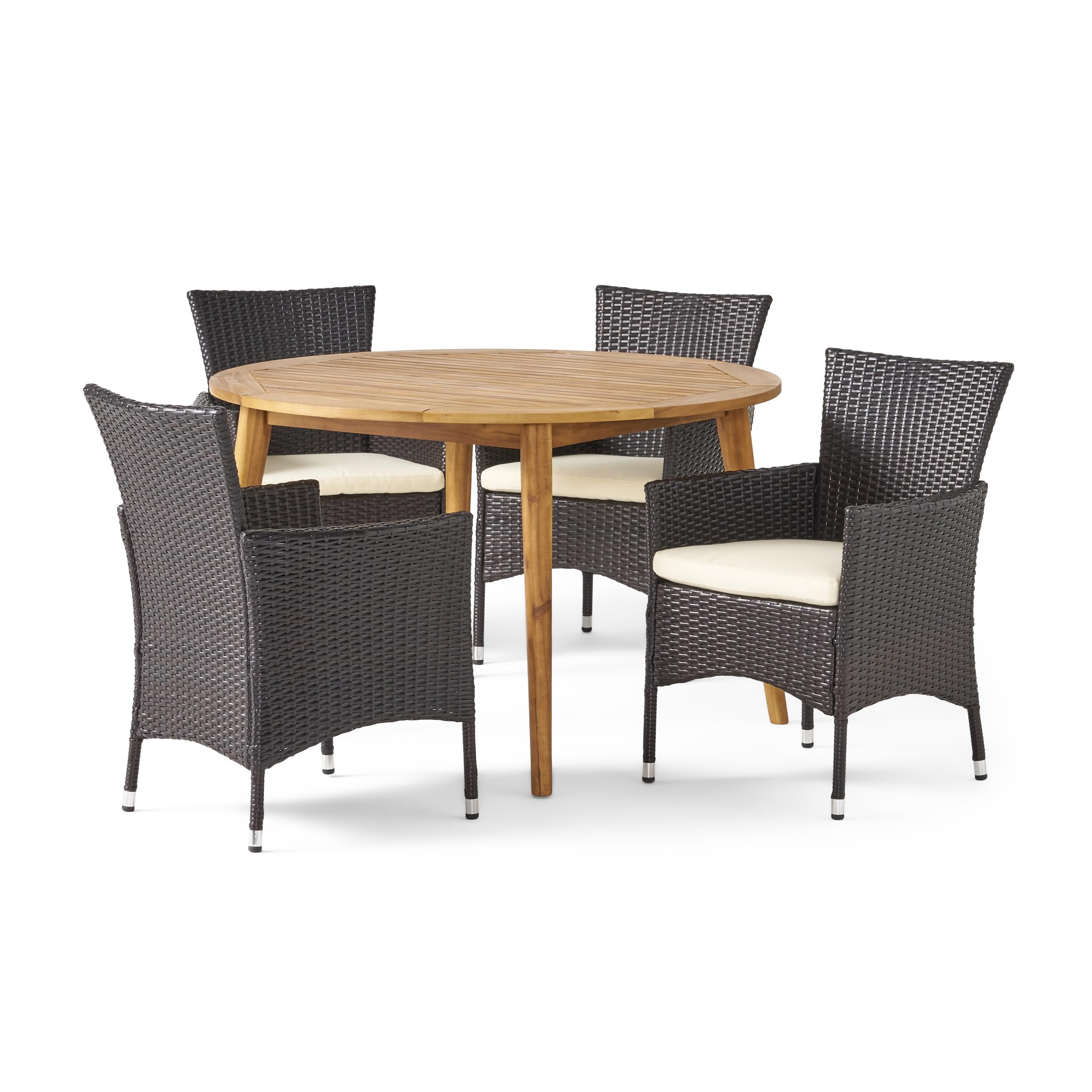 Christopher Knight Home Biella Outdoor 5 Piece Acacia Wood and Wicker Dining Set, 23.25 "W x 24 "D x 33 "H, Teak + Multibrown + Beige