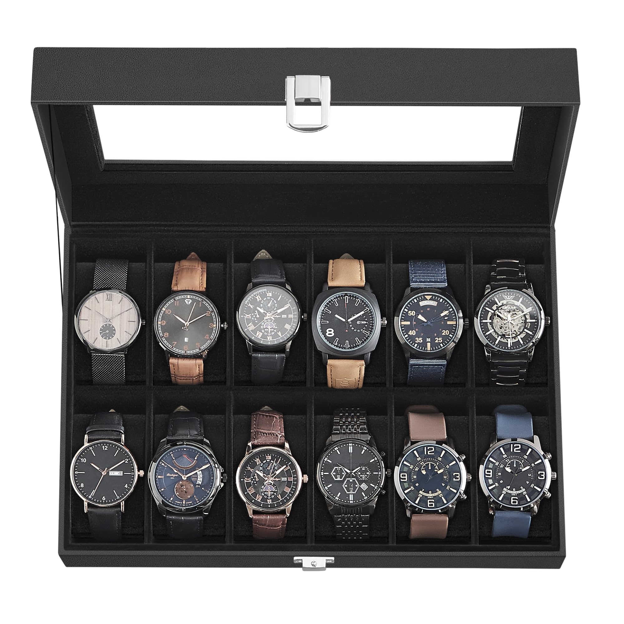 SONGMICSSONGMICS Watch Box, 12-Slot Watch Case with Large Glass Lid, Removable Watch Pillows, Watch Box Organizer, Christmas Gift, Black Synthetic Leather, Black Lining UJWB012B01