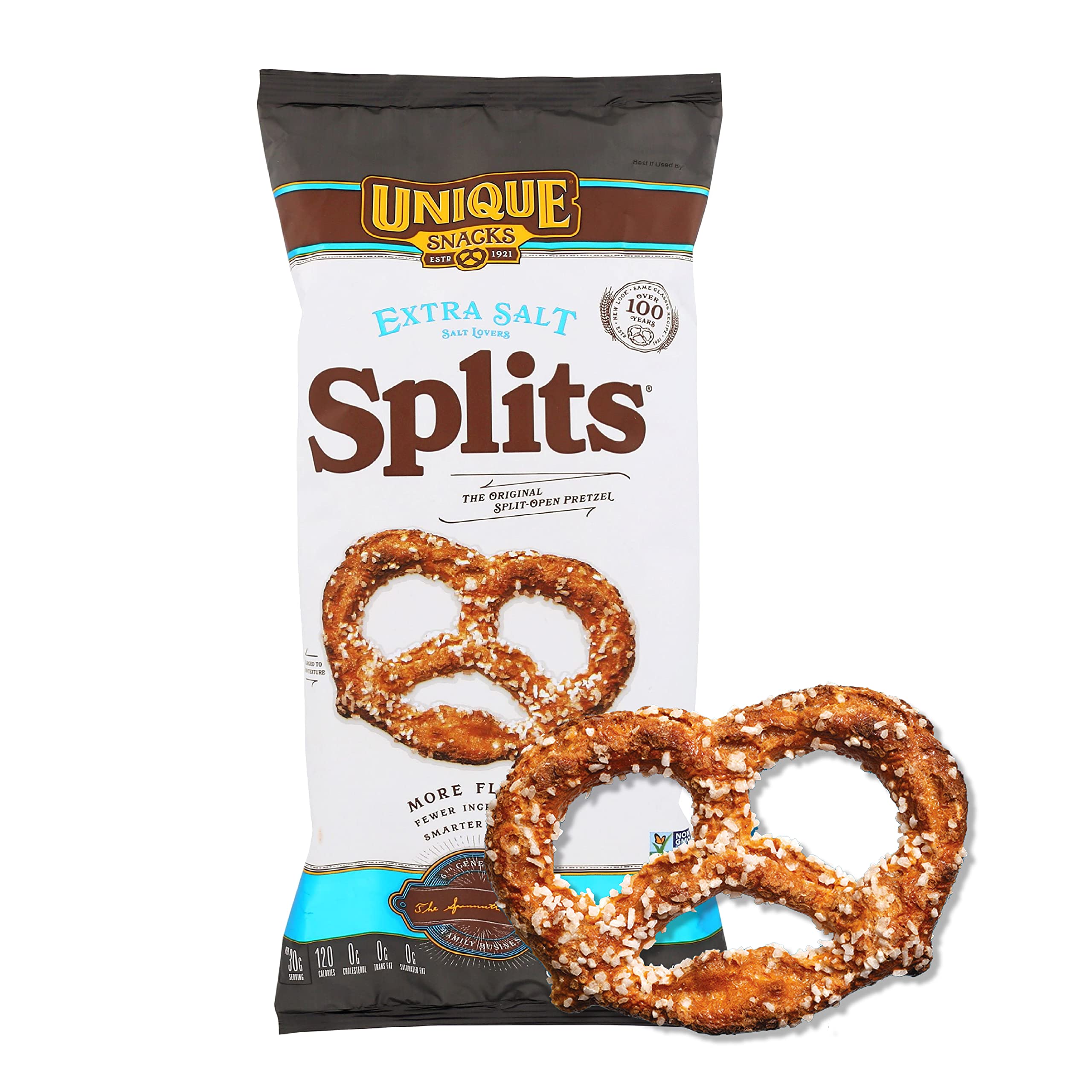 Unique Snacks Extra Salt Splits Pretzels, Original Split-Open Pretzels, Delicious Homestyle Baked Snack Bag, OU Kosher, and Non-GMO Food, No Artificial Flavor, 11 Oz. Bag, Pack of 6