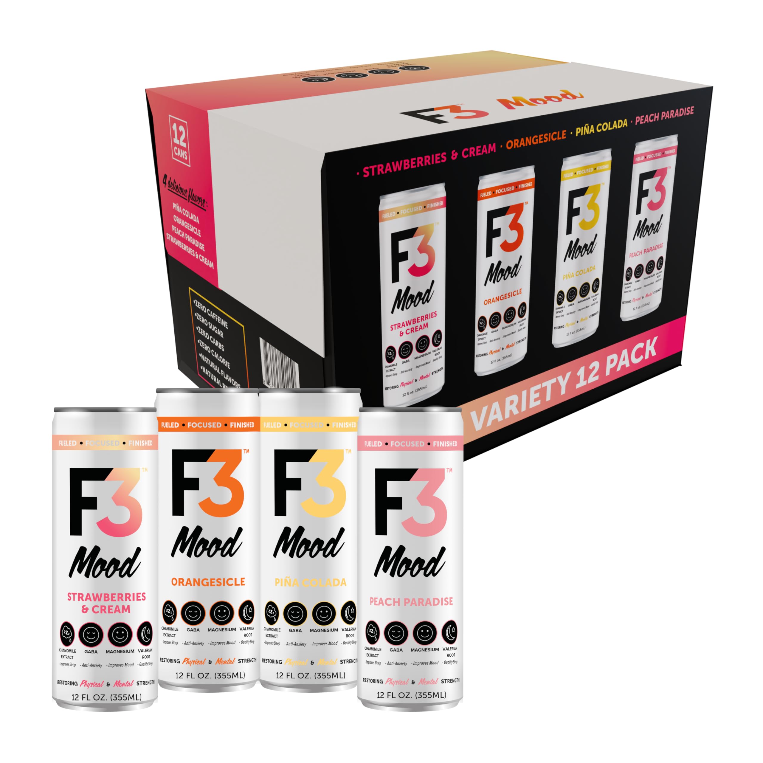 F3 Mood Variety Pack - Functional Sparkling Juice Drink with Powerful Nootropics to Reduce Stress, BCAAs for Muscle Recovery, and Chamomile & Valerian Root for Sleep - Caffeine Free (12 Pack)