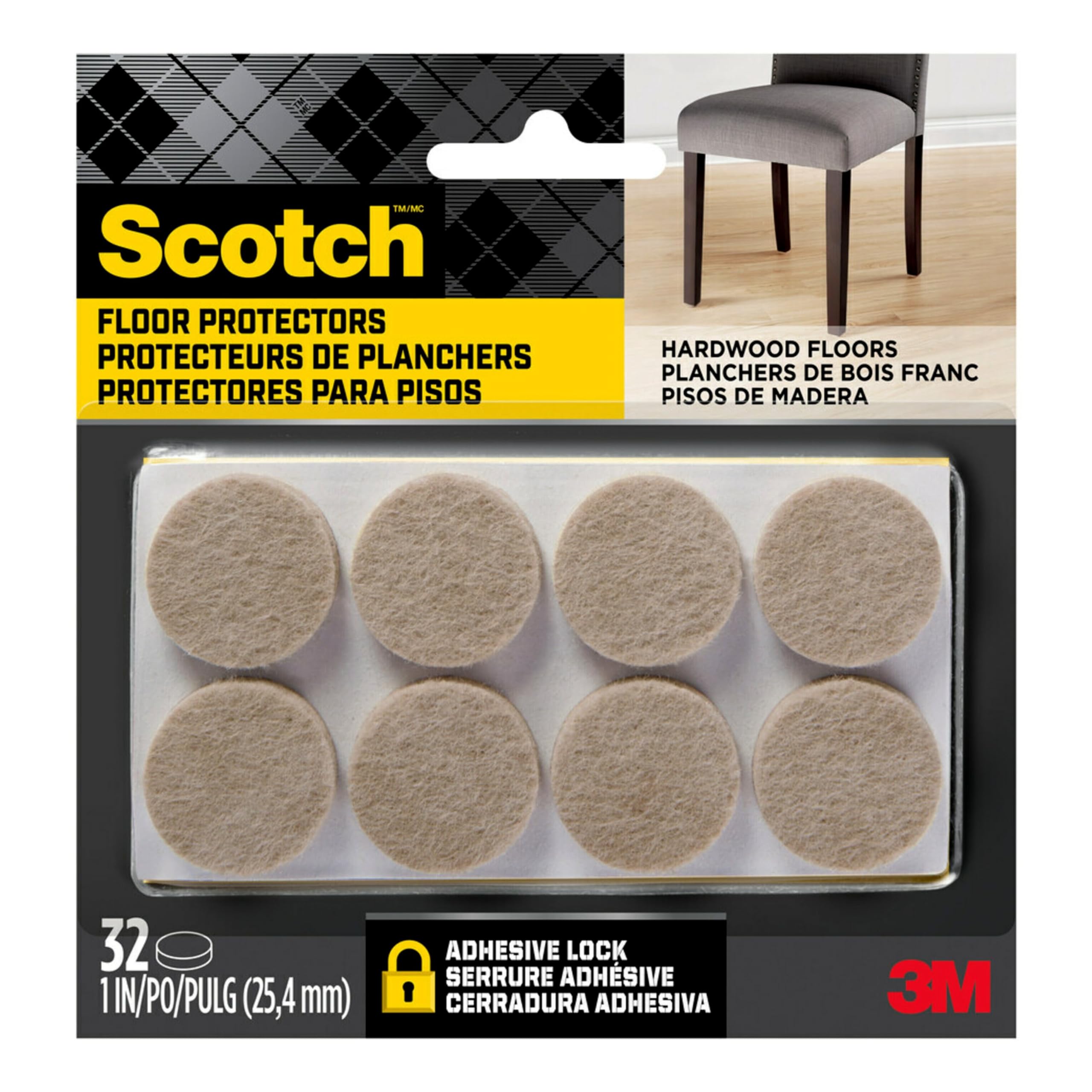 Scotch SP802-NA Brand Felt Pads by 3M, for Protecting Wood Floors, Diameter, Beige, 32/Pack Furniture, 1" Round