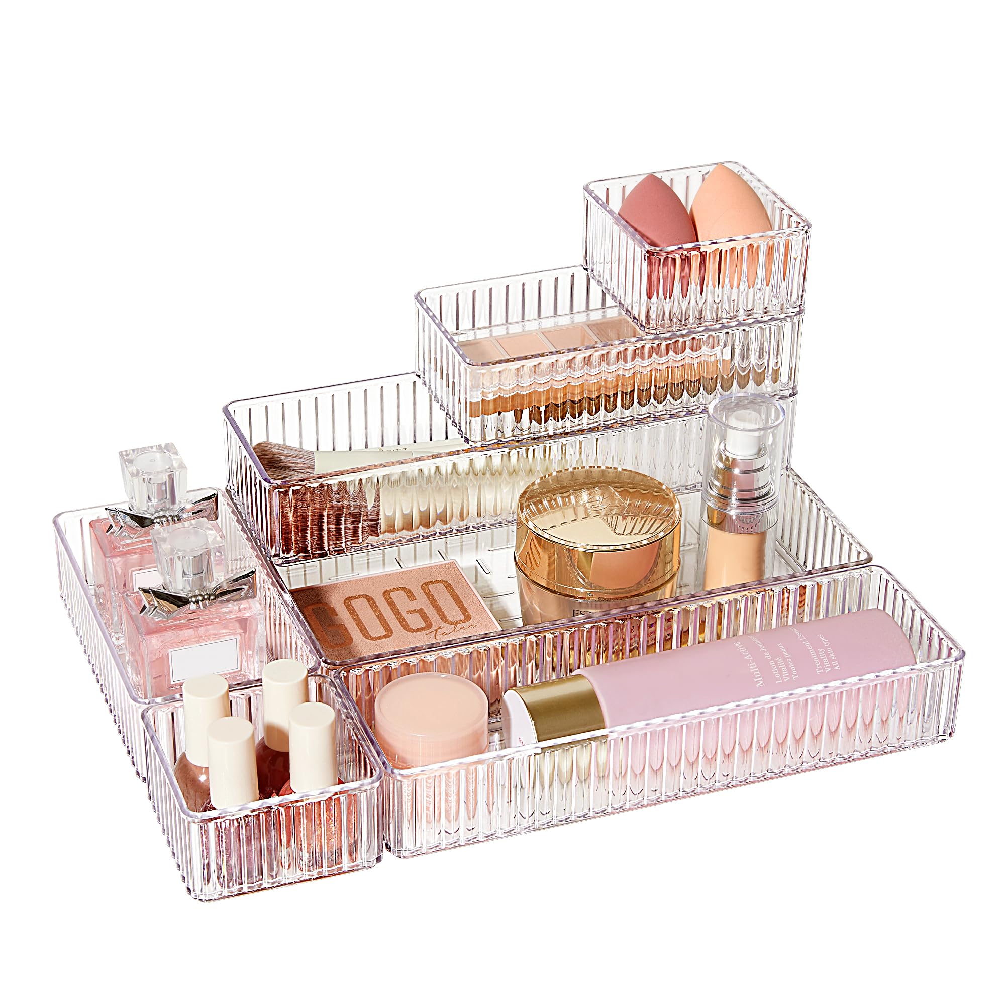 Vtopmart 7 PCS Clear Drawer Organizers Bins, 4-Size Stackable Makeup and Vanity Drawer Organizer Trays, Acrylic Bathroom Drawer Storage Containers for Cosmetic, Office Supply, Kitchen Utensils Gadgets