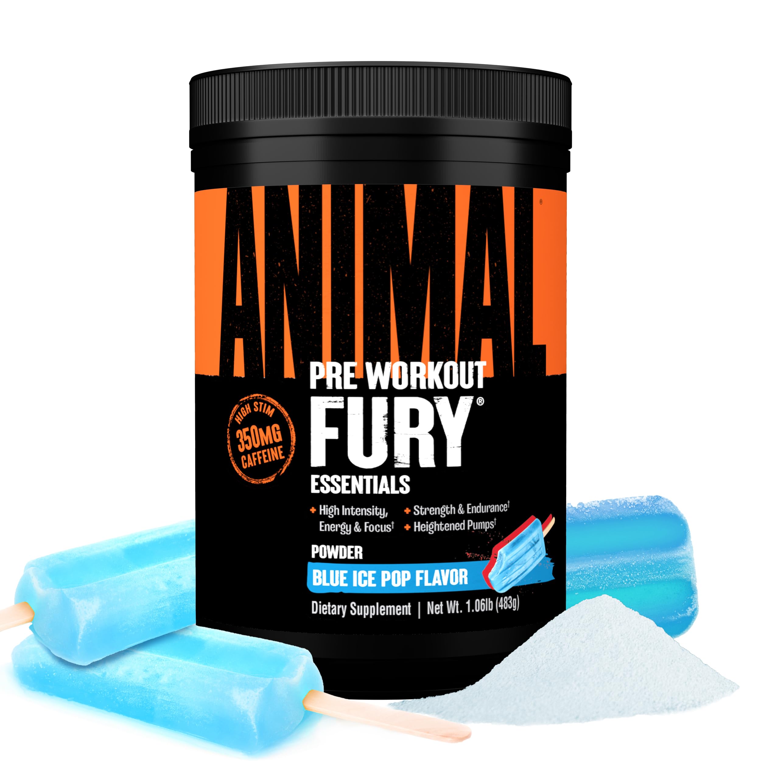 Animal Fury Pre Workout Powder - Energy and Focus Supplement with 5g BCAA, 350mg Caffeine Nitric Oxide Booster with Beta-Alanine, Preworkout for Men and Women, Blue Ice Pop Flavor, 30 Servings