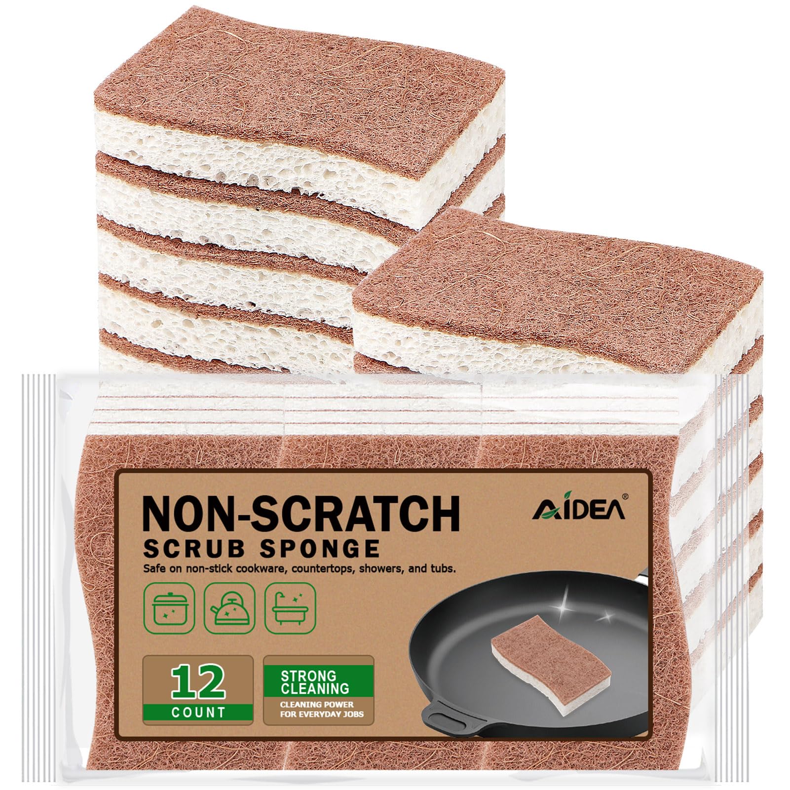 AIDEA Non-Scratch Scrub Sponge-12Count, Natural Sponges for Non-Stick Cookware, Kitchen Sponges, Cellulose Sponges for Dishes, Cleaning Sponge for Kitchen, Bathroom, Household