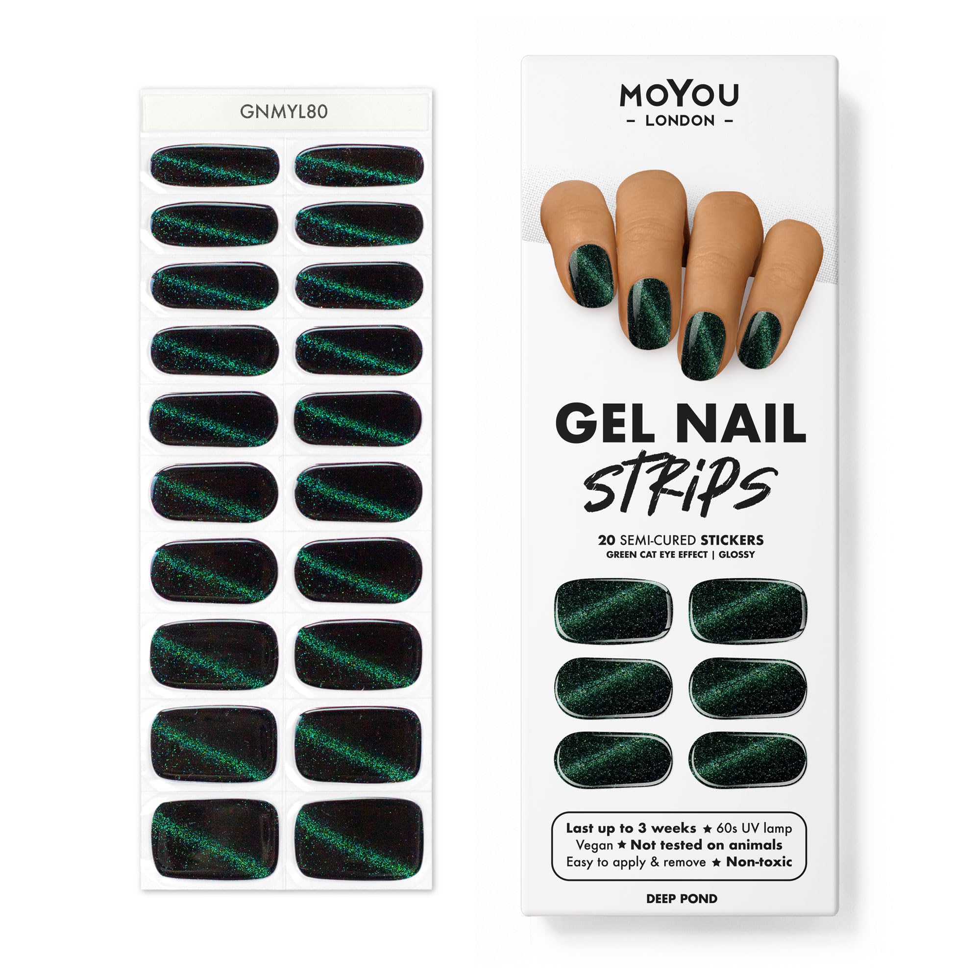 MOYOU LONDON Semi Cured Gel Nail Wraps, 20 Pcs Gel Nail Polish Strips for Salon-Quality Manicure Set with Nail File & Wooden Cuticle Stick (UV/LED Lamp Required) - Deep Pond