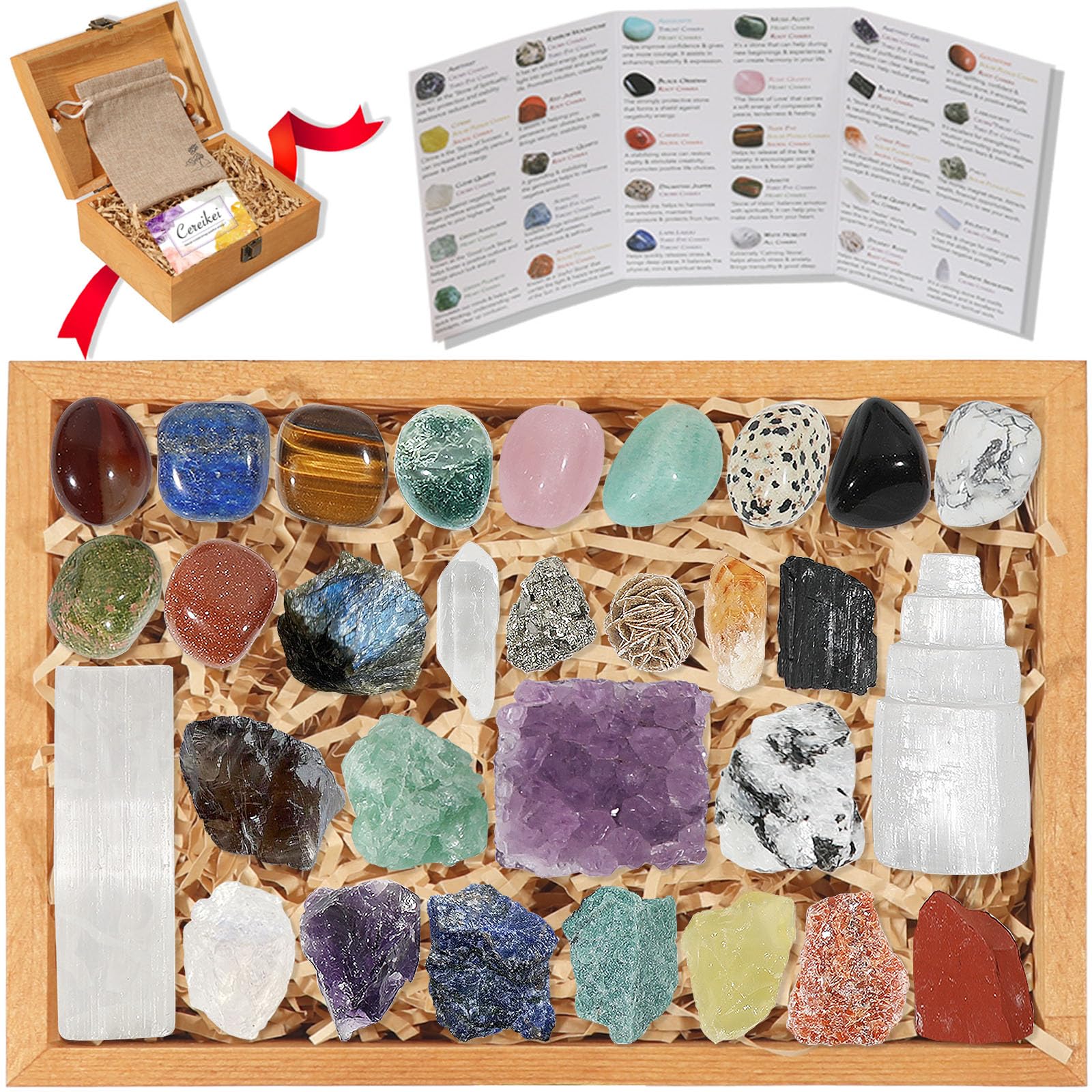 30 PCS Crystals and Stones Set, Natural Raw Healing Crystals and Tumbled Chakra Stones, Premium Protection Crystals Gift Kit Display in Wooden Box with Info Guide