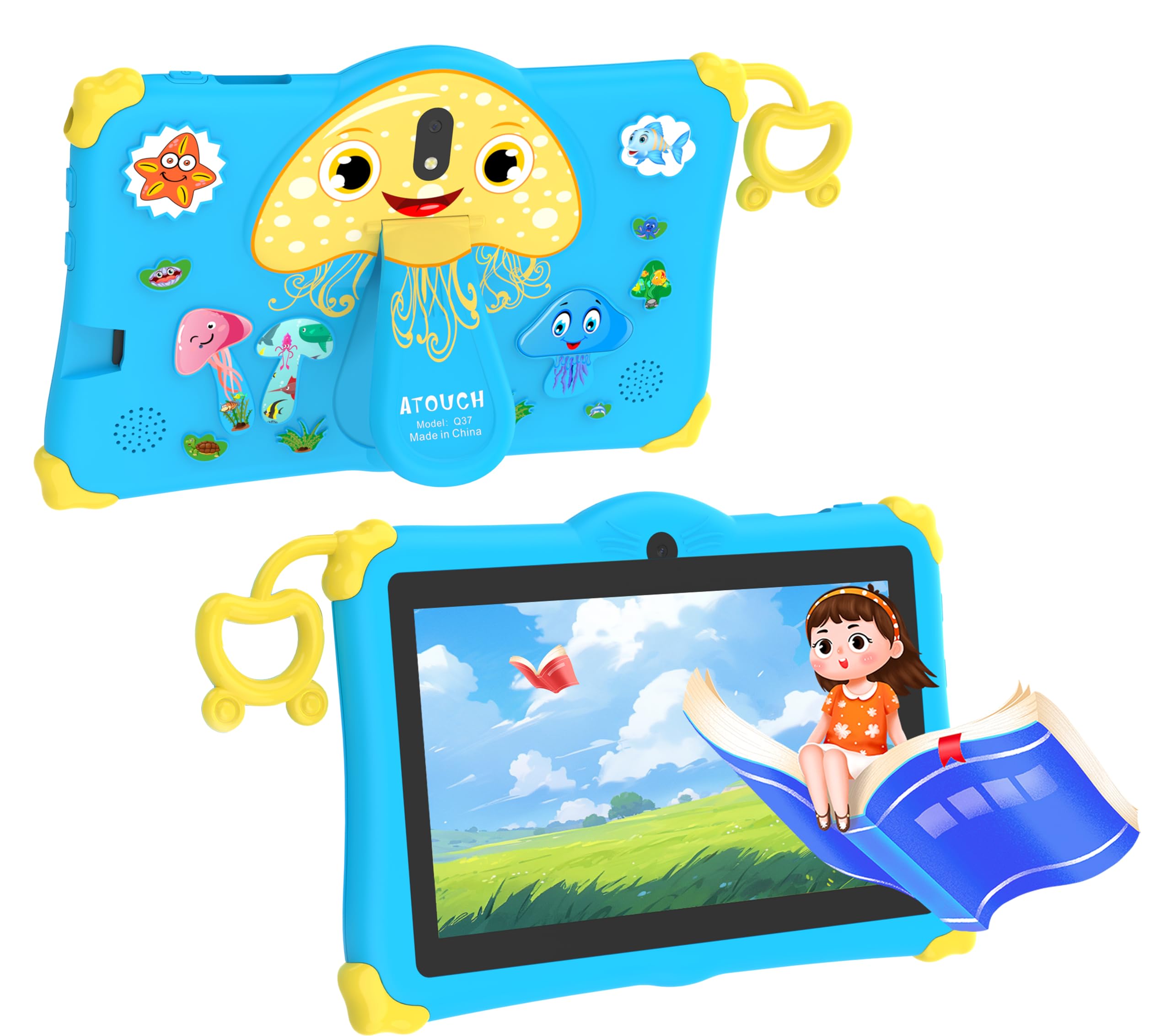 Atouch at your heart ATOUCH Android Tablet For Kids, 7-Inch Screen Q37 Early Education Smart Tablet Anti-drop Silicone Edge Wi-Fi, Bluetooth, Games with Built-in Stand (Blue)