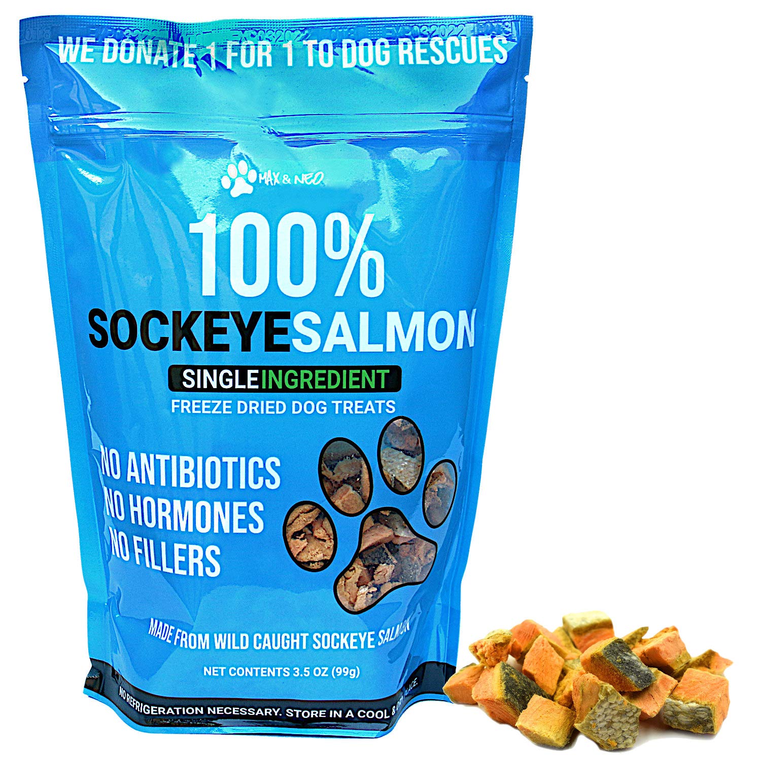 Max and NeoFreeze Dried Wild Caught Sockeye Salmon Dog Treats - Single Ingredient, Wild Caught Pacific Northwest Sockeye Salmon, Human Grade - We Donate 1 for 1 to Dog Rescues for Every Product Sold