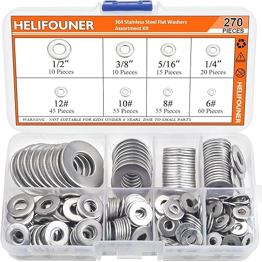 HELIFOUNER 270Pieces 8 Sizes Stainless Steel Flat Washers Assortment Kit, 1/2 3/8 5/16 1/4 12# 10# 8# 6#