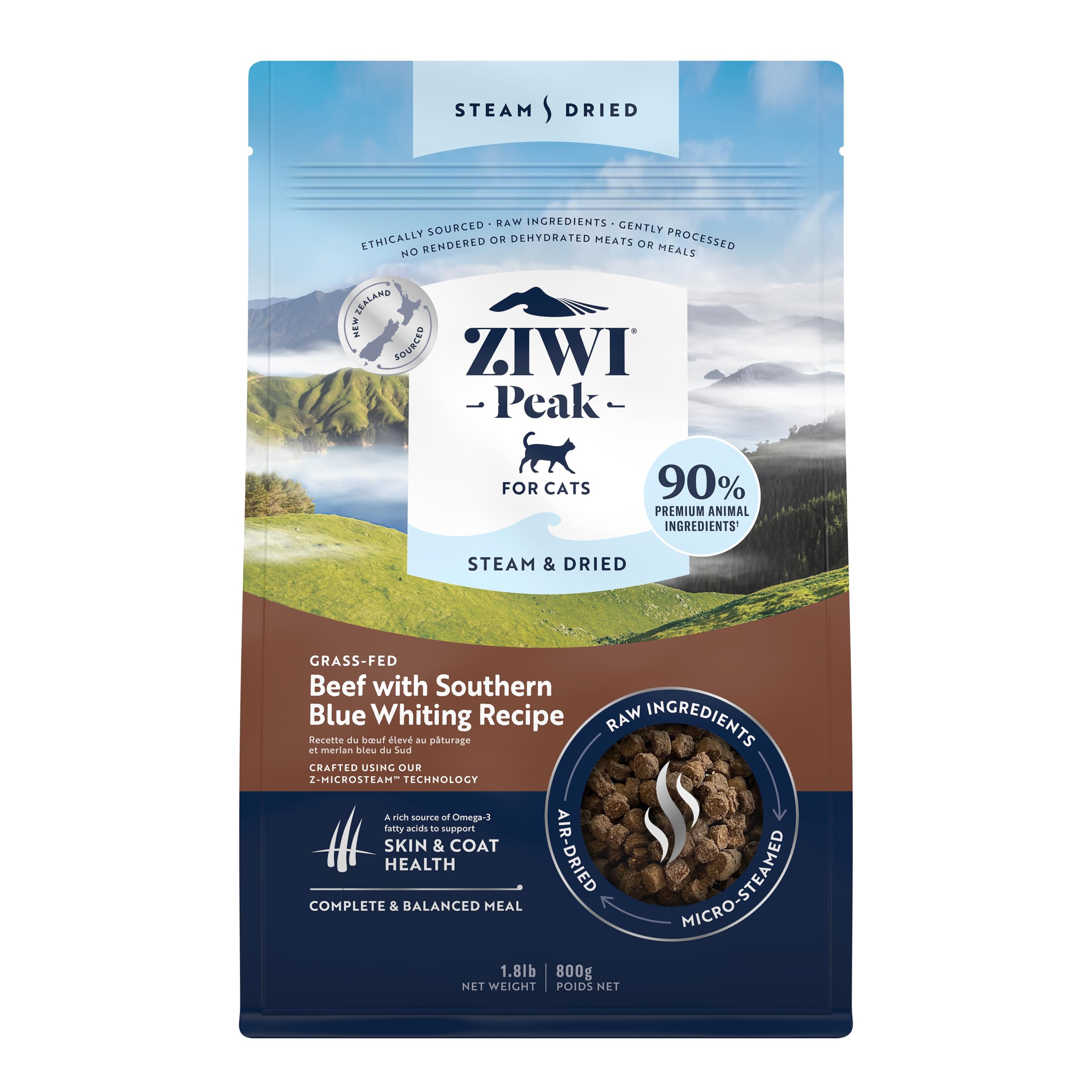 ZIWI Peak Steam & Dried Grass-fed Beef with Southern Blue Whiting, 800 g - Natural, High Protein Cat Food Dry, Raw Alternative & Grain Free Complete Dry Cat Food