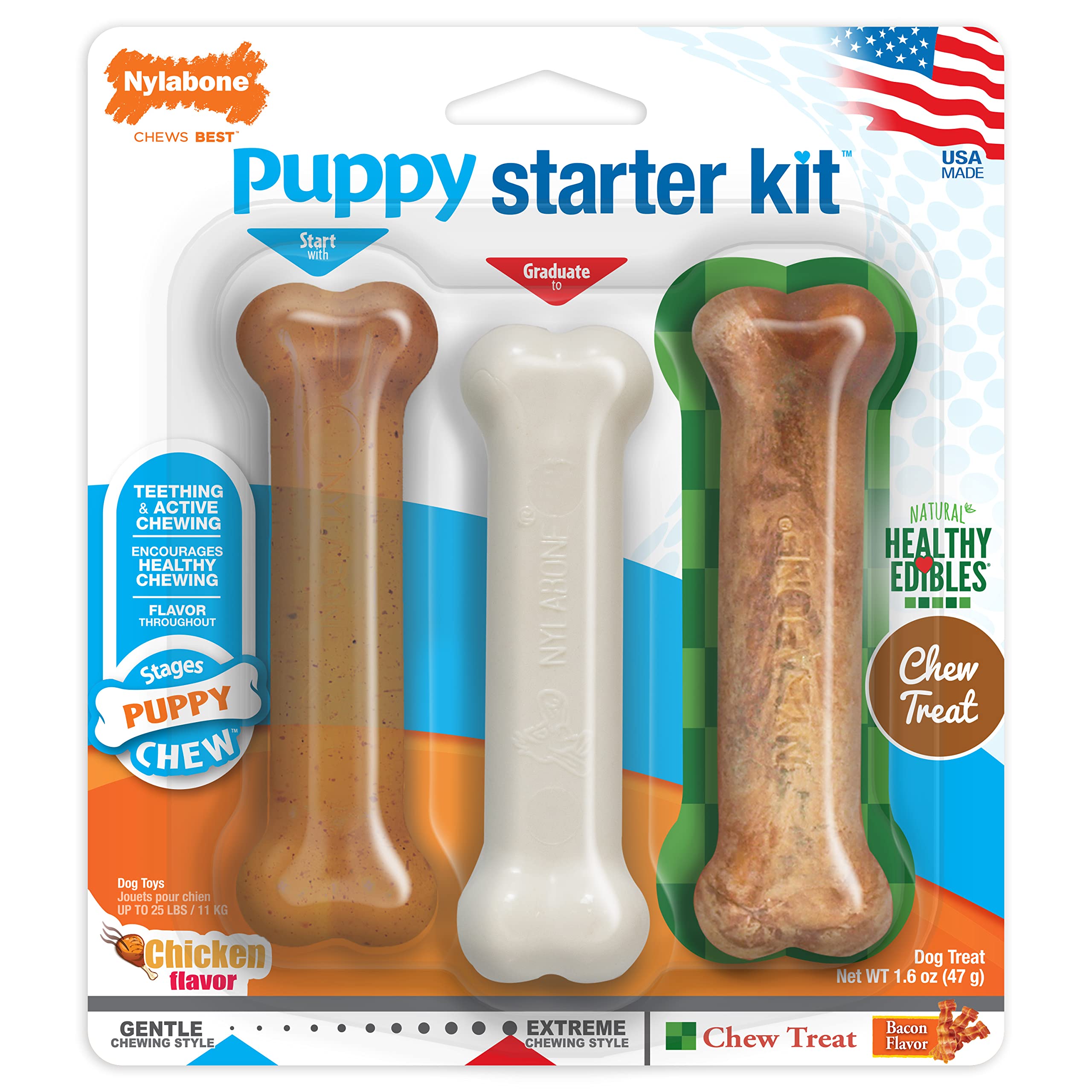 Nylabone Puppy Starter Kit, 3 Dental Dog Chew Bones, 1 Edible, 1 Gentle, 1 Extreme, for Small Breeds Puppies Up to 11 kg, Brown and White