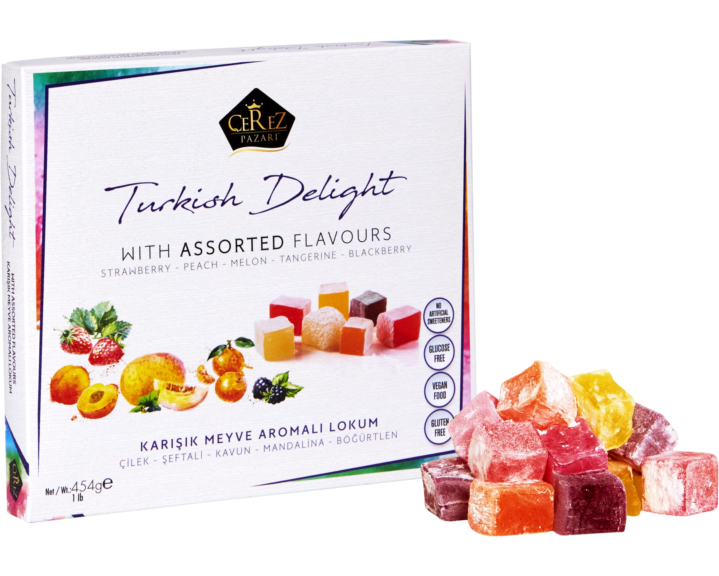 Cerez Pazari Turkish Delight with Strawberry, Peach, Melon, Tangerine, BlackBerry Flavours 454g, Gourmet Medium Size Snacks Gift Box, No Nuts Sweet Traditional Vegan Soft Candy Dessert