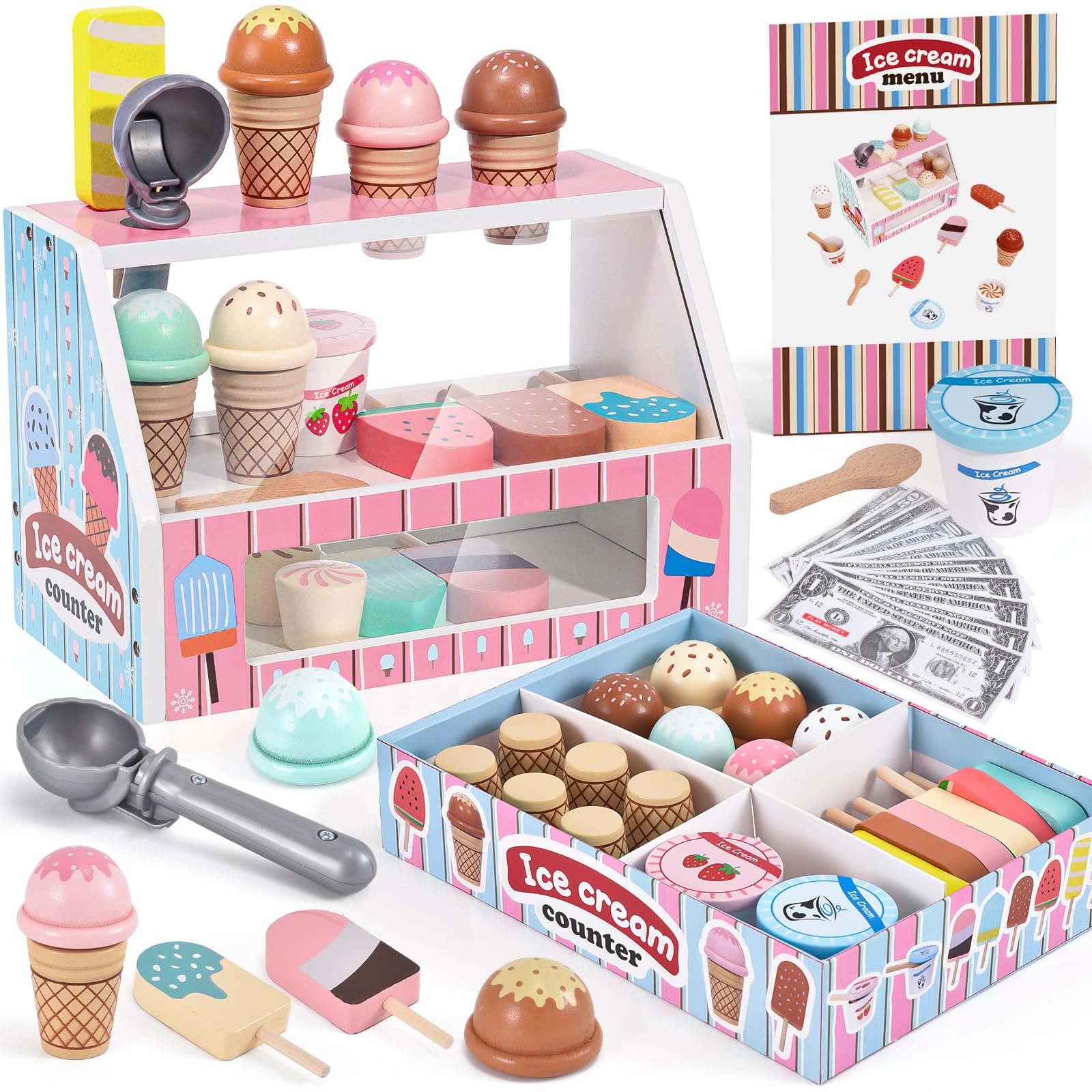 Wooden Ice Cream Toys Kids Kitchen Play Store for Toddlers Girls, Play Kitchen Accessories with Scoop & Menu & Fake Money, Wooden Toys for 3 4 5 Year Old Girls Boys Birthday