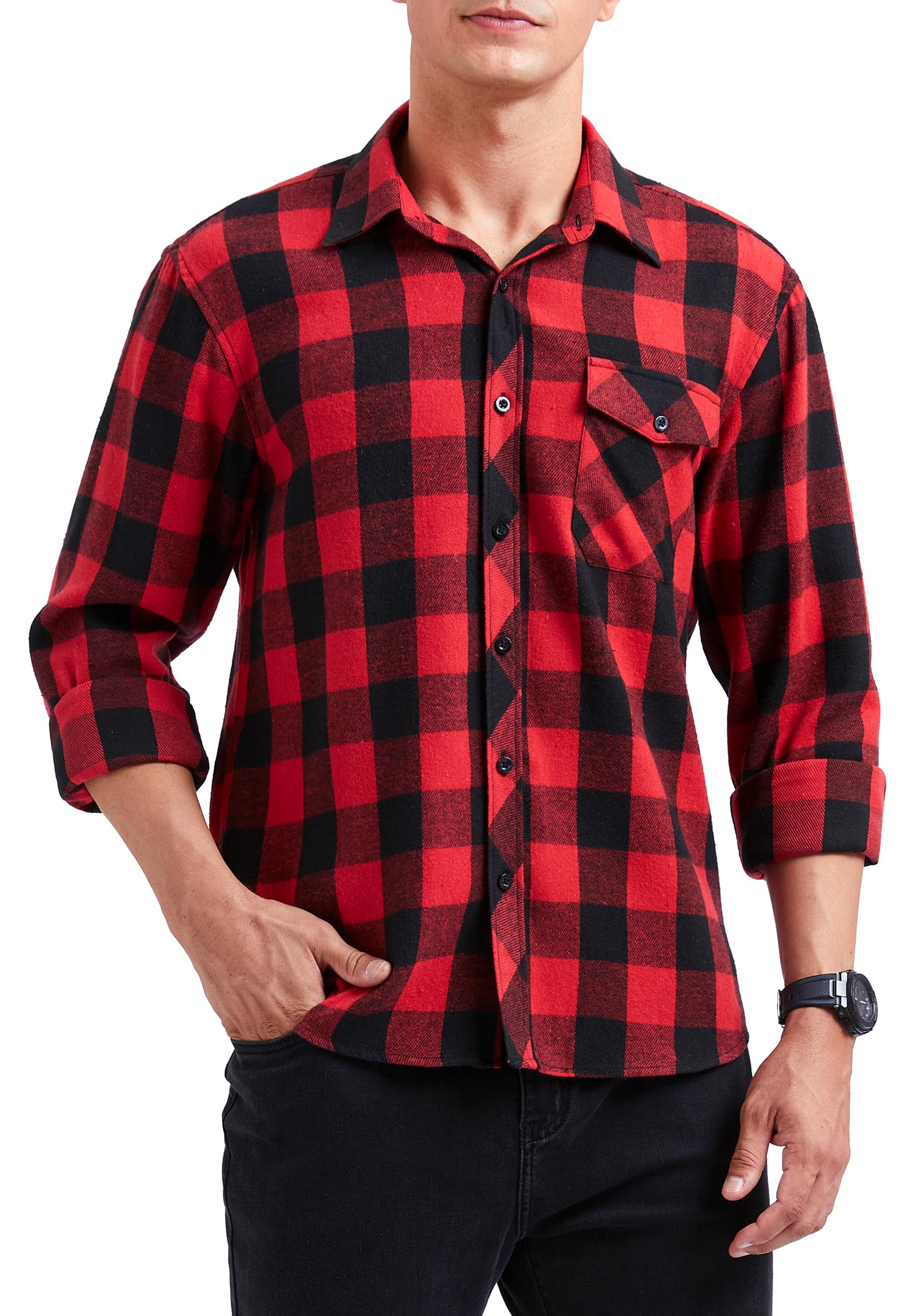 HISDERNMen's Long Sleeve Casual Plaid Flannel Shirt Checked Tartan Button Down Shirts for Men S-4XL