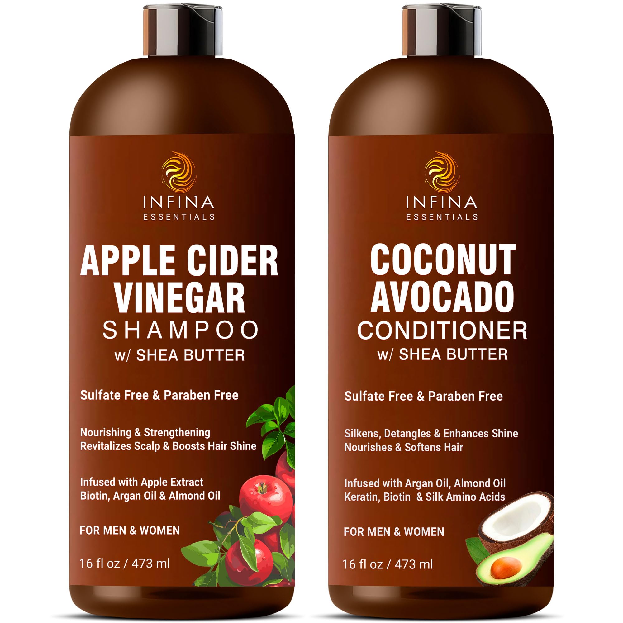 Apple Cider Vinegar Shampoo and Conditioner Set Sulfate Free for Men & Women - Itchy Scalp Shampoo w/Moisturizing Coconut Avocado Conditioner - Loc Shampoo and Conditioner for Dreads, 16 fl oz each