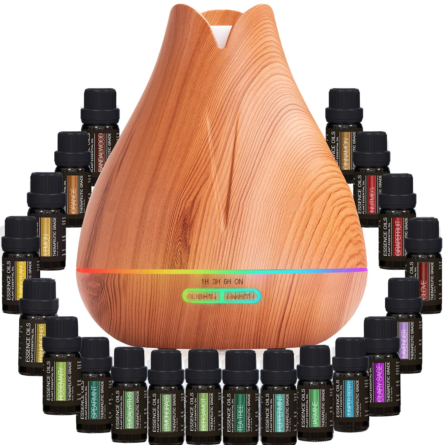 Aromatherapy Essential Oil Diffuser Gift Set - 400ml Ultrasonic Diffuser with 20 Essential Plant Oils - 4 Timer & 7 Ambient Light Settings - Therapeutic Grade