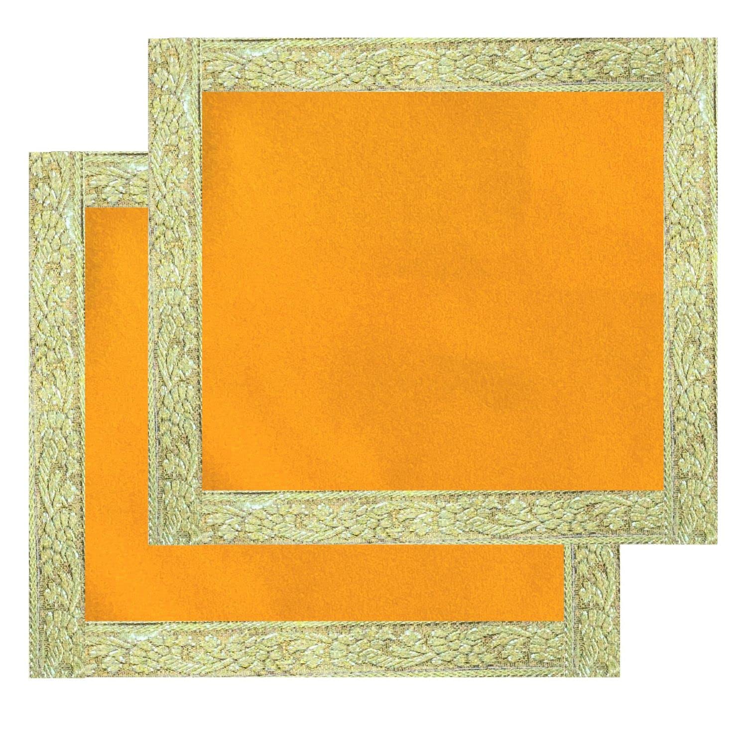 NAISHA Turmeric Yellow Pooja Aasan Mat Set of 2, 18" X 18" Velvet Puja/Altar Cloth Mandir, Multipurpose Pooja Decorations Keeping Accessories of Temple, Chowki, Slab Article