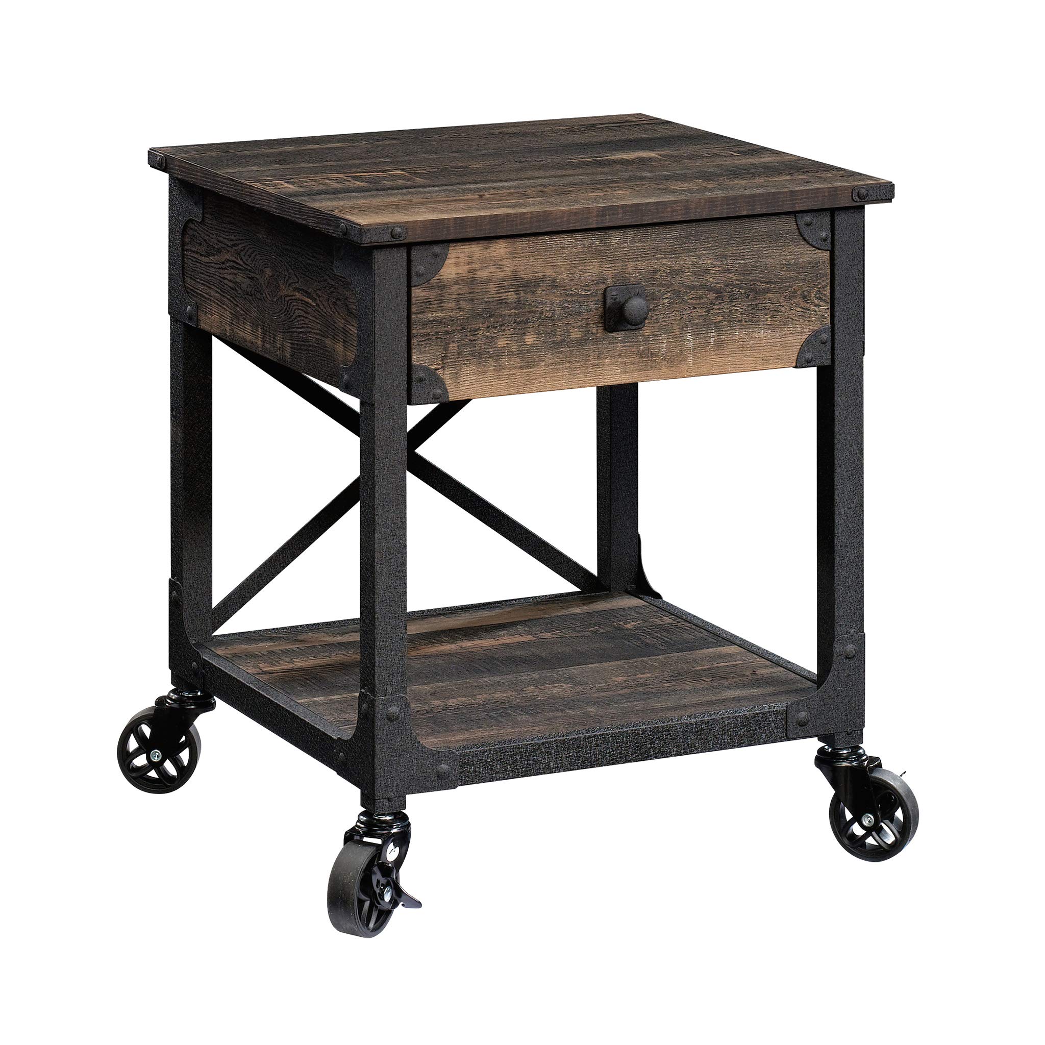 Sauder Steel River Side Table, L: 22.44" x W: 21.65" x H: 23.11", Carbon Oak