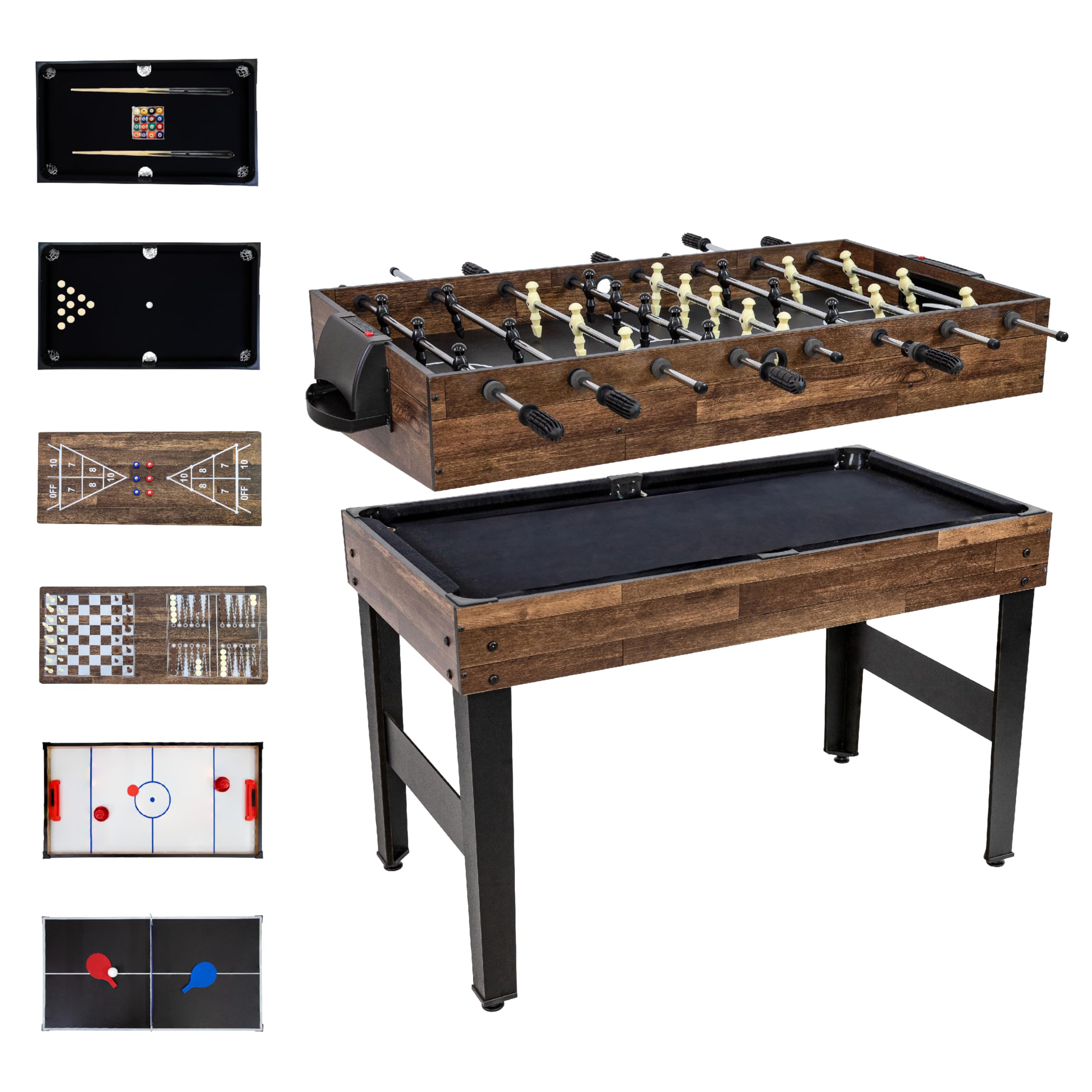 Sunnydaze 10-in-1 Game Table - Combination Multi-Game Table with Billiards, Push Hockey, Foosball, Ping Pong, and More - 49.5-Inch - Classic Wood Stain