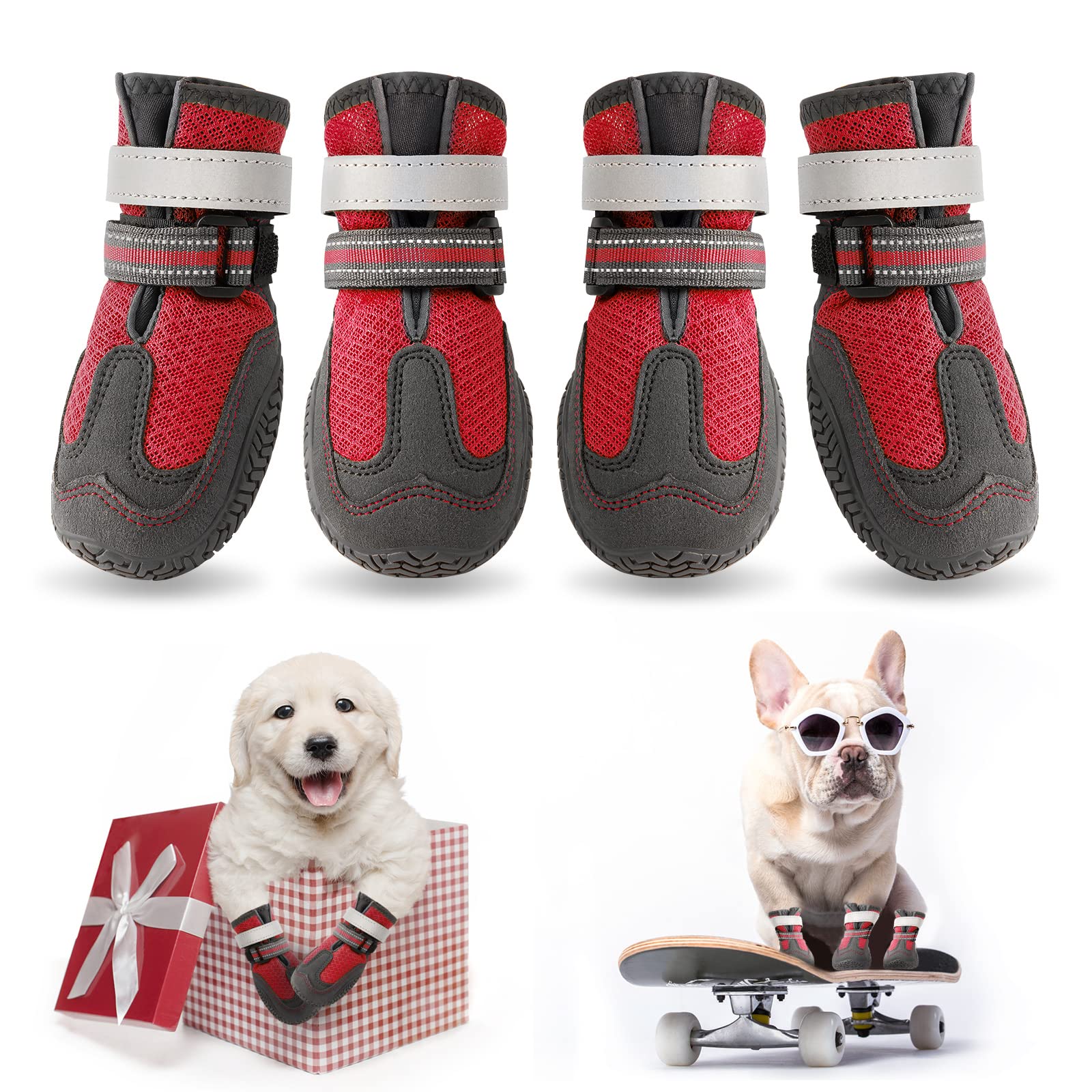 Dog Shoes for Small Dogs Anti-Slip Dogs Boots & Paw Protector with Reflective Straps for Hot Pavement Puppy Booties, Summer Cat Dog Shoes for Small and Medium Pets 4PCS