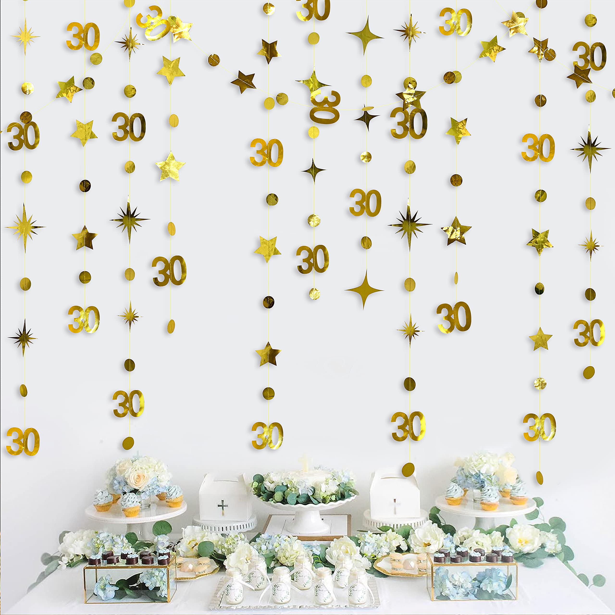 Gold 30th Birthday Garlands Decorations Number 30 Circle Dot Twinkle Star Garland Metallic Hanging Streamer Bunting Banner Backdrop for Her Happy 30 Year Old Birthday Thirty Anniversary Party Supplies