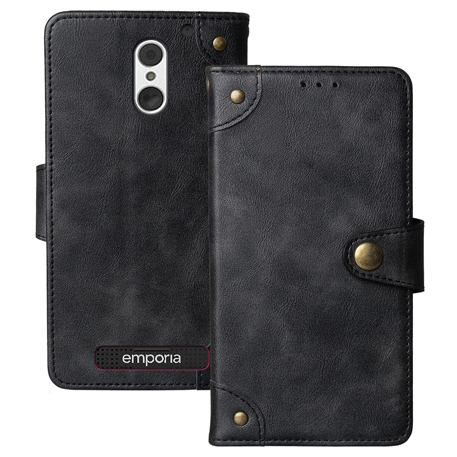 DingshengkBlack Premium Retro Flip Genuine Real Leather Protector Case For Emporia SMART.4/SMART.S4 5" Magnetic Card Slot Wallet Protective Bumper