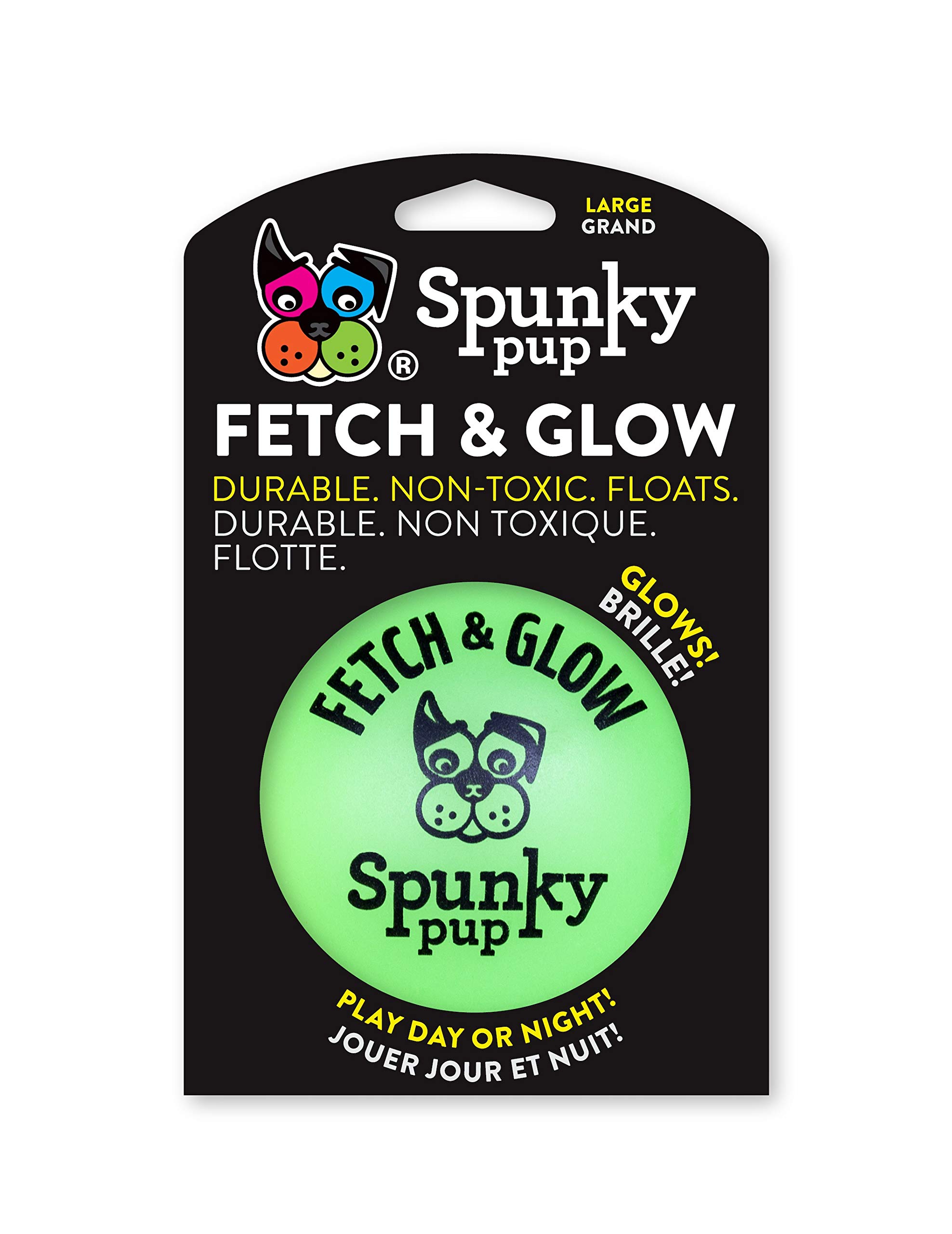 Spunky pup Fetch & Glow Ball Dog Toy | Glowing Logo Toss Balls for Large Dogs | Indoor & Outdoor Active Play | Durable | Waterproof & Floats | Non Toxic | Assorted Colors | For Large Dogs