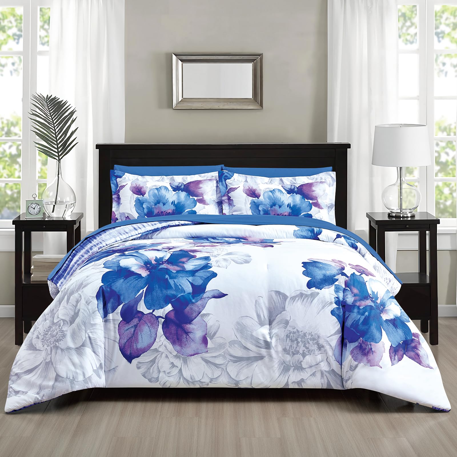 Sunshine Nicole Soft Brushed Microfiber Comforter Set, 7 Pieces Queen, with Light Weight Soft Poly Fill, Printed Dark Blue Grey Big Florals Face with Print Reverse